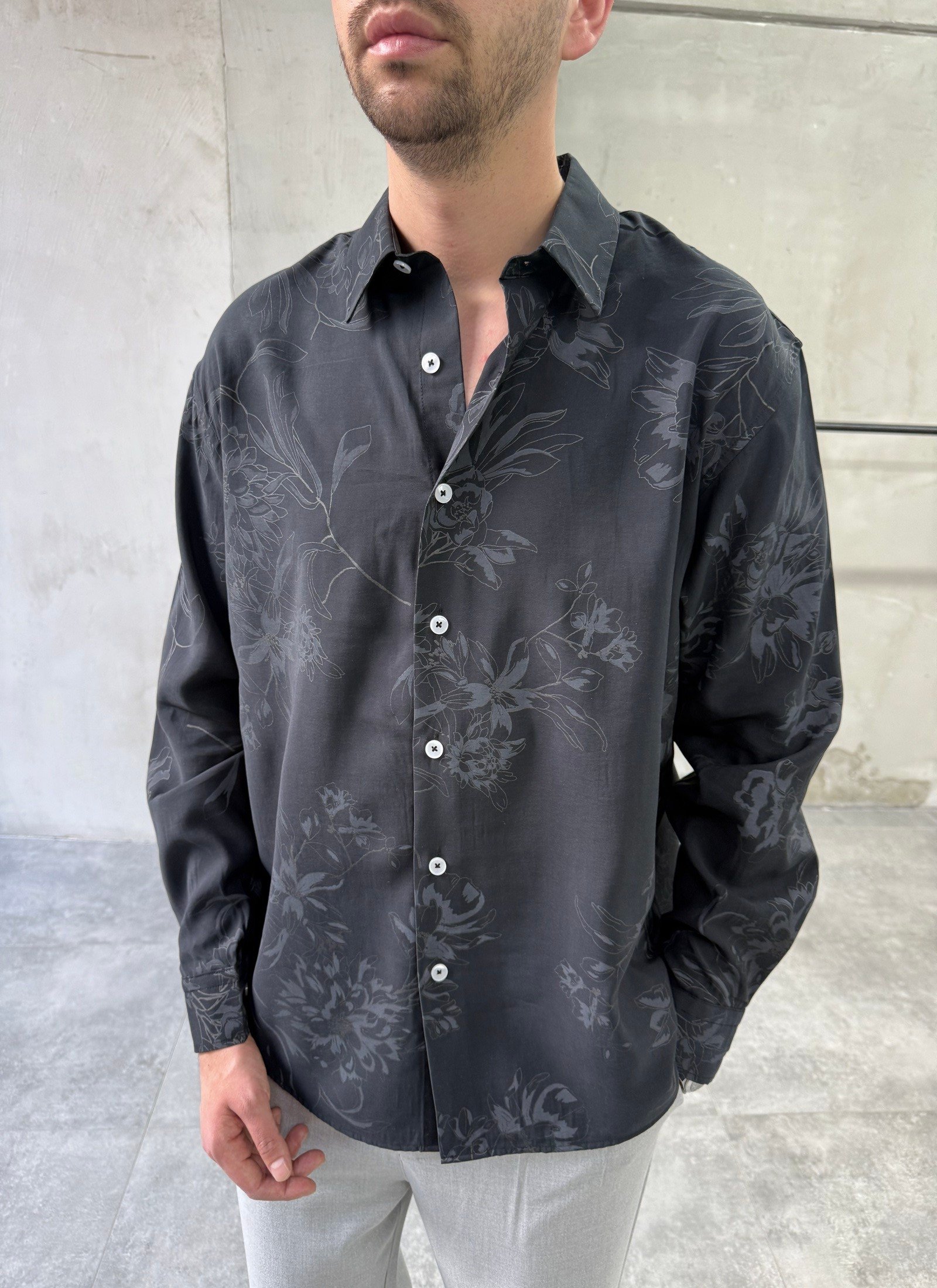 Desenli Oversize Premium Modern Kesim Siyah Gömlek