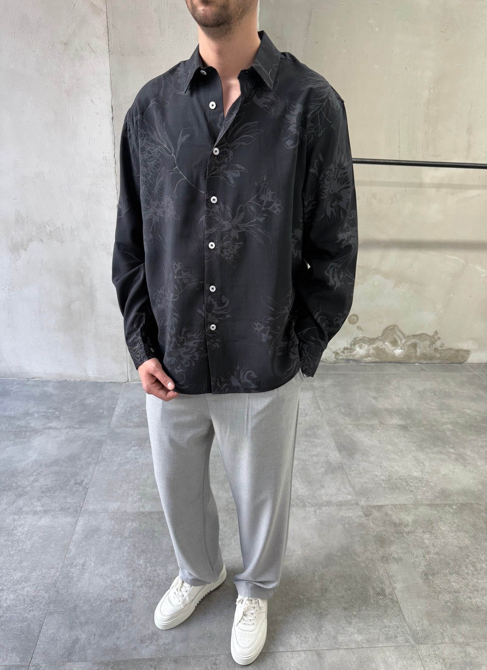 Desenli Oversize Premium Modern Kesim Siyah Gömlek