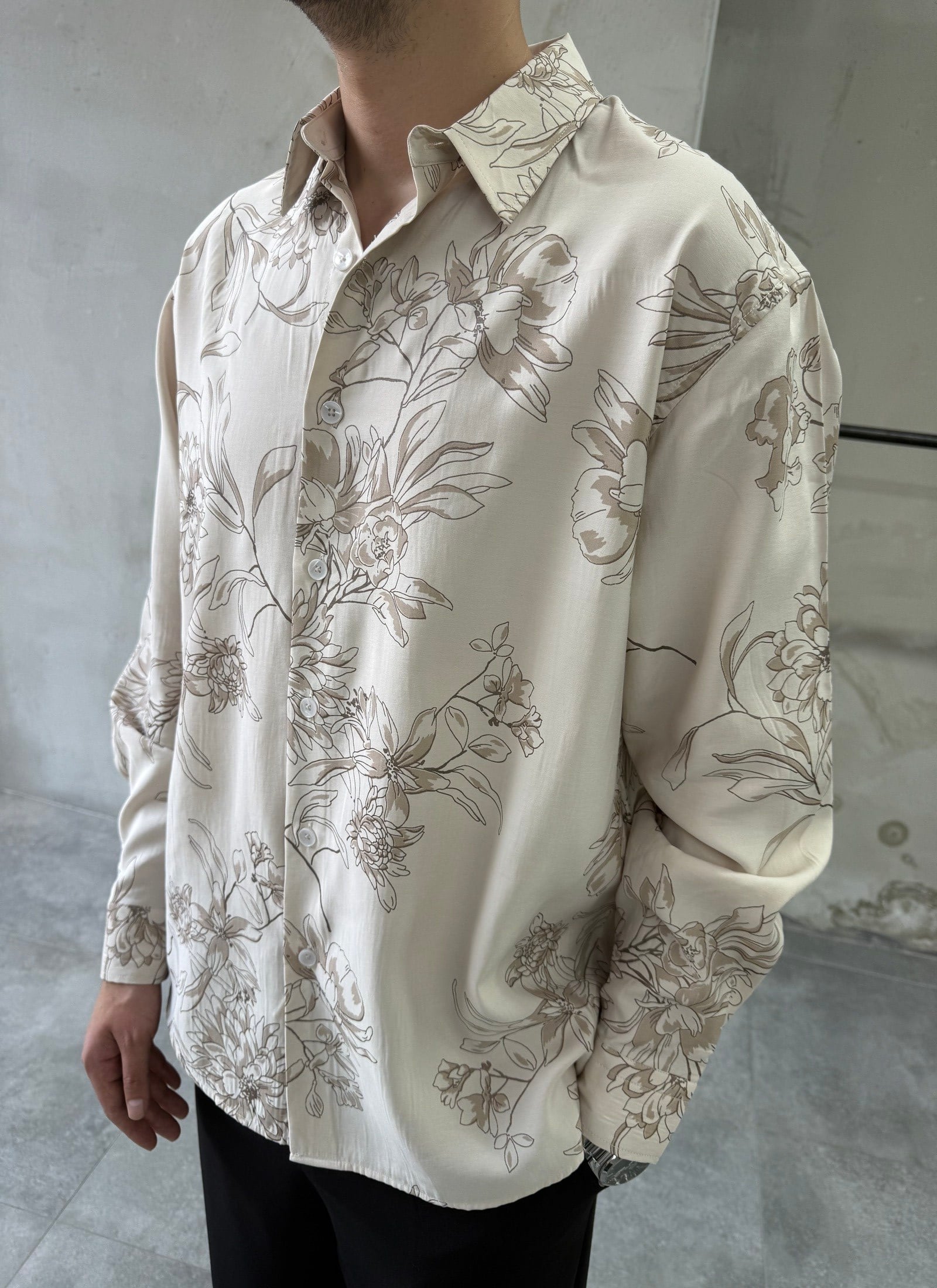 Desenli Oversize Premium Modern Kesim Bej Gömlek