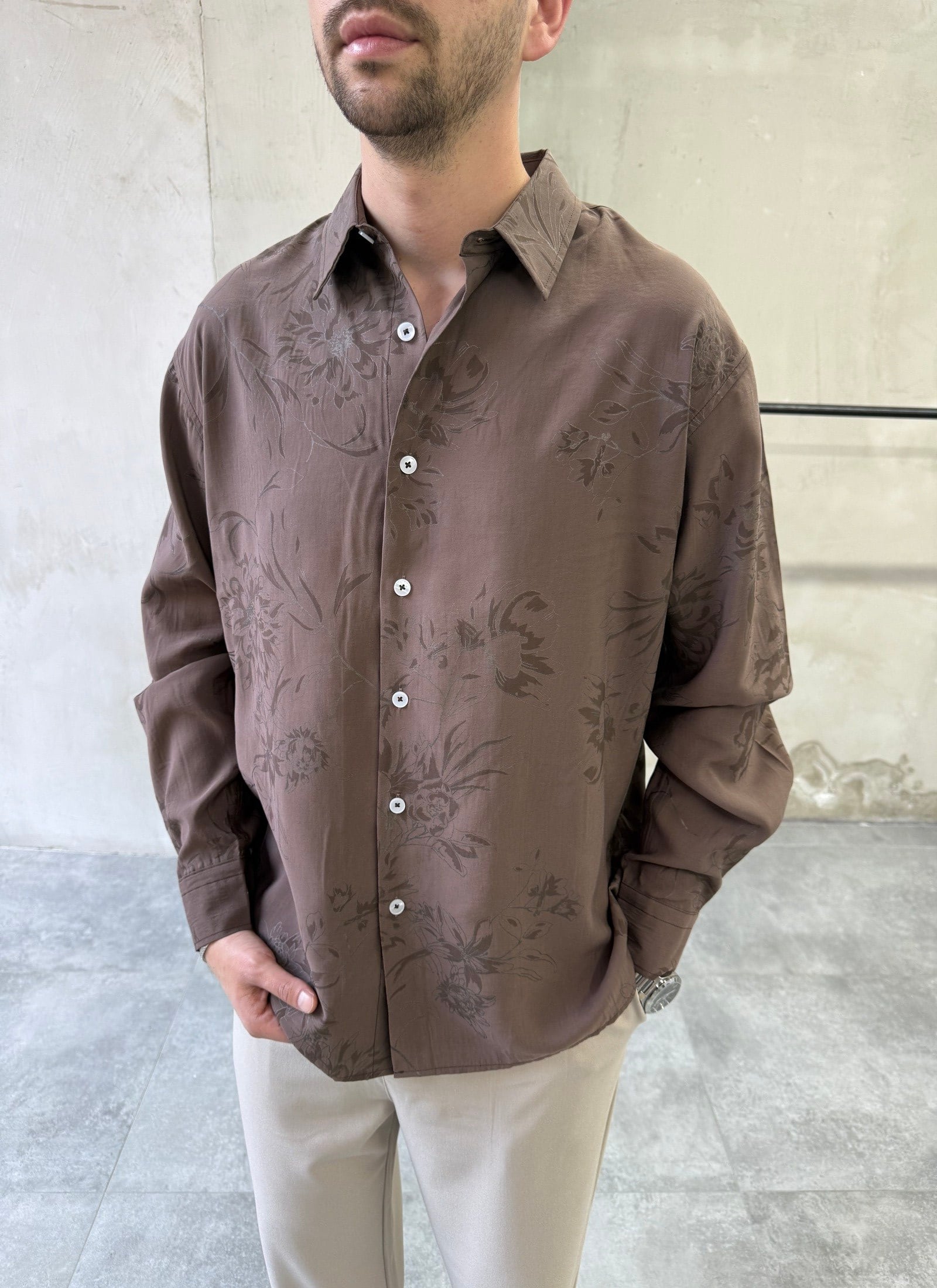 Desenli Oversize Premium Modern Kesim Kahverengi Gömlek