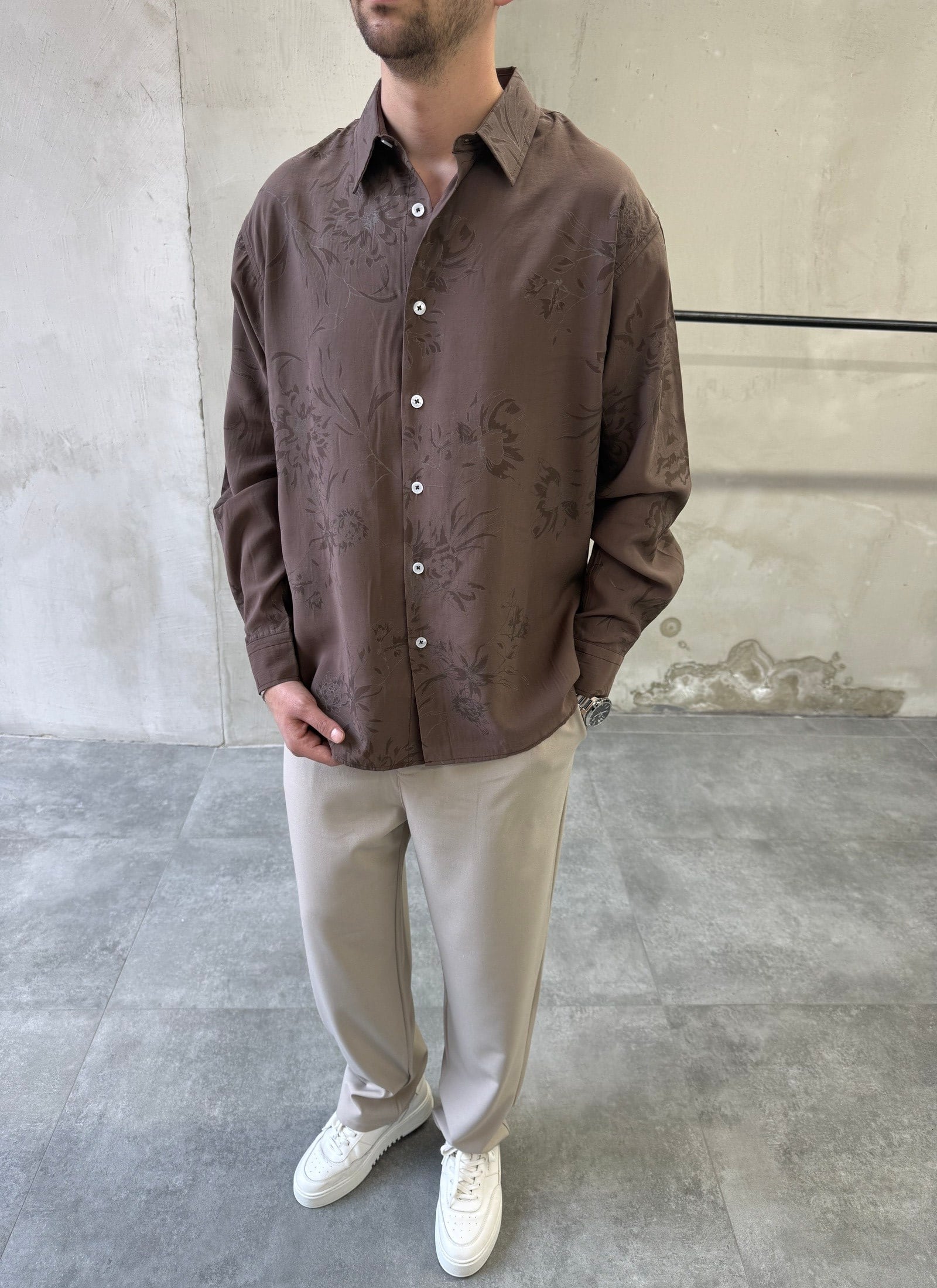 Desenli Oversize Premium Modern Kesim Kahverengi Gömlek