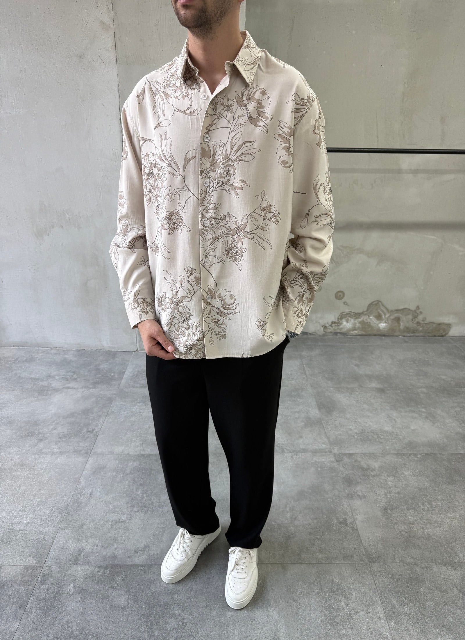 Desenli Oversize Premium Modern Kesim Bej Gömlek