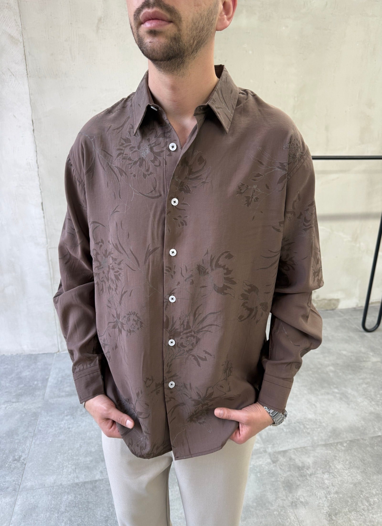Desenli Oversize Premium Modern Kesim Kahverengi Gömlek