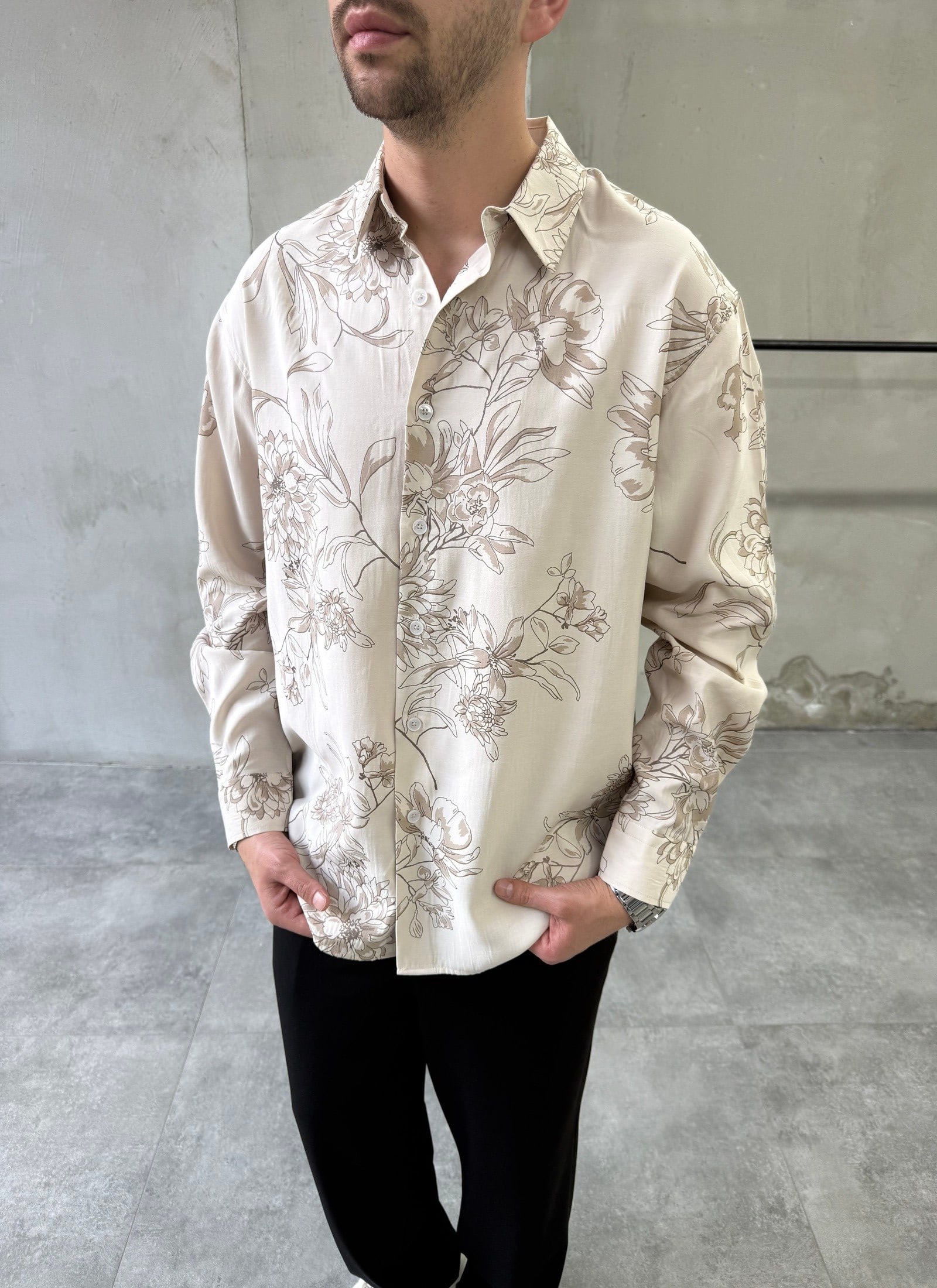 Desenli Oversize Premium Modern Kesim Bej Gömlek