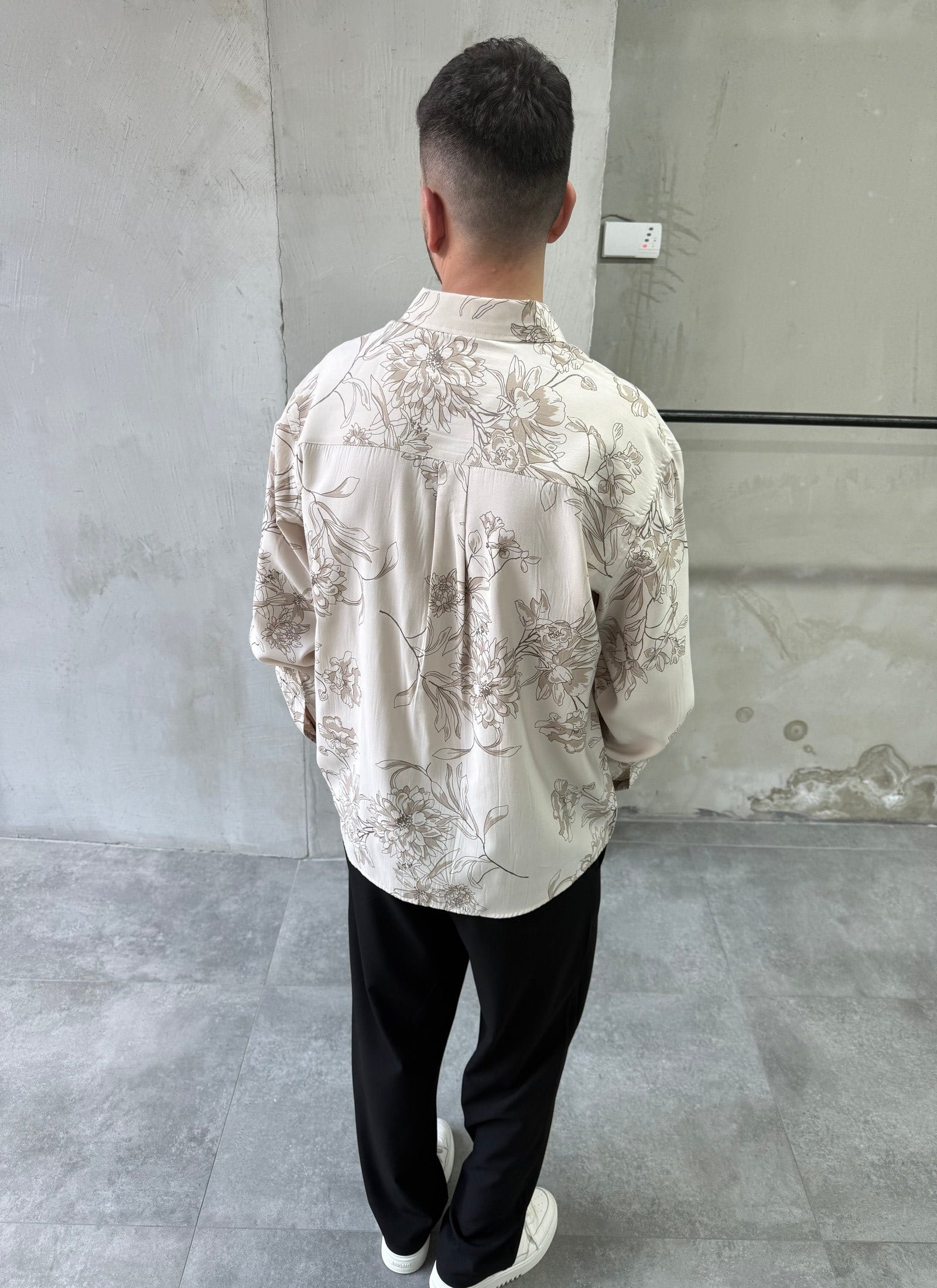 Desenli Oversize Premium Modern Kesim Bej Gömlek