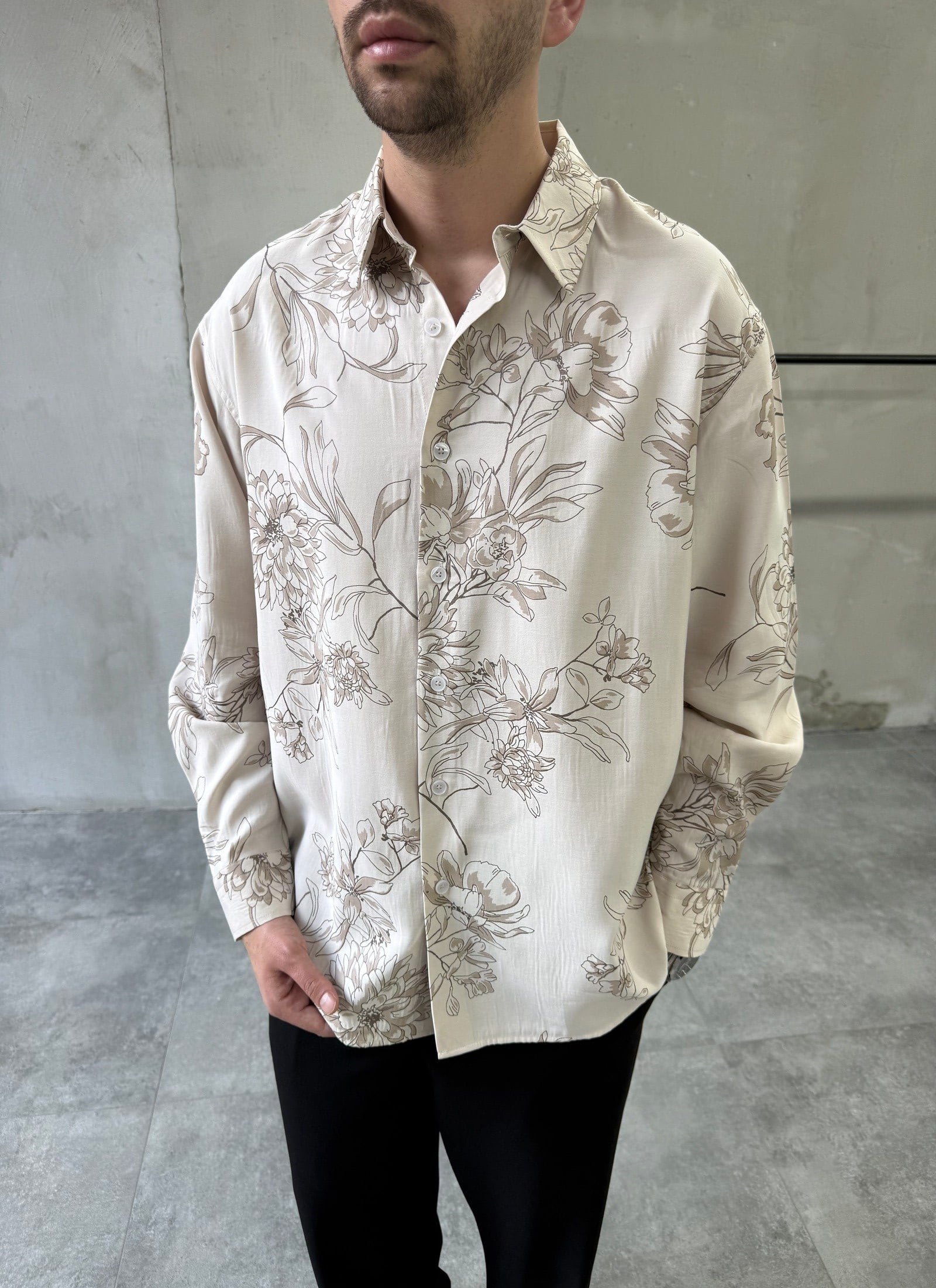 Desenli Oversize Premium Modern Kesim Bej Gömlek