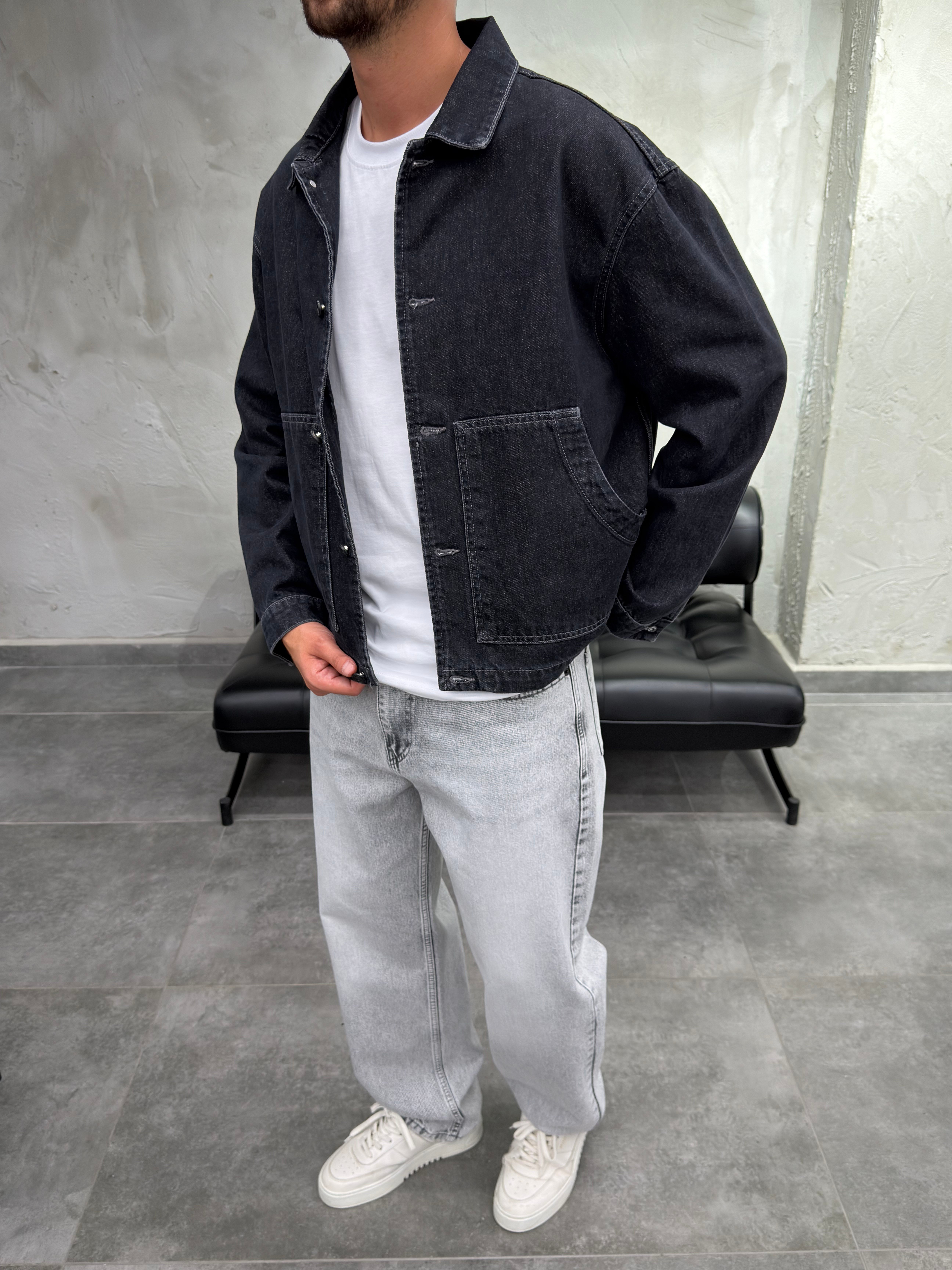 Düğmeli Mega Cep Siyah Denim Ceket