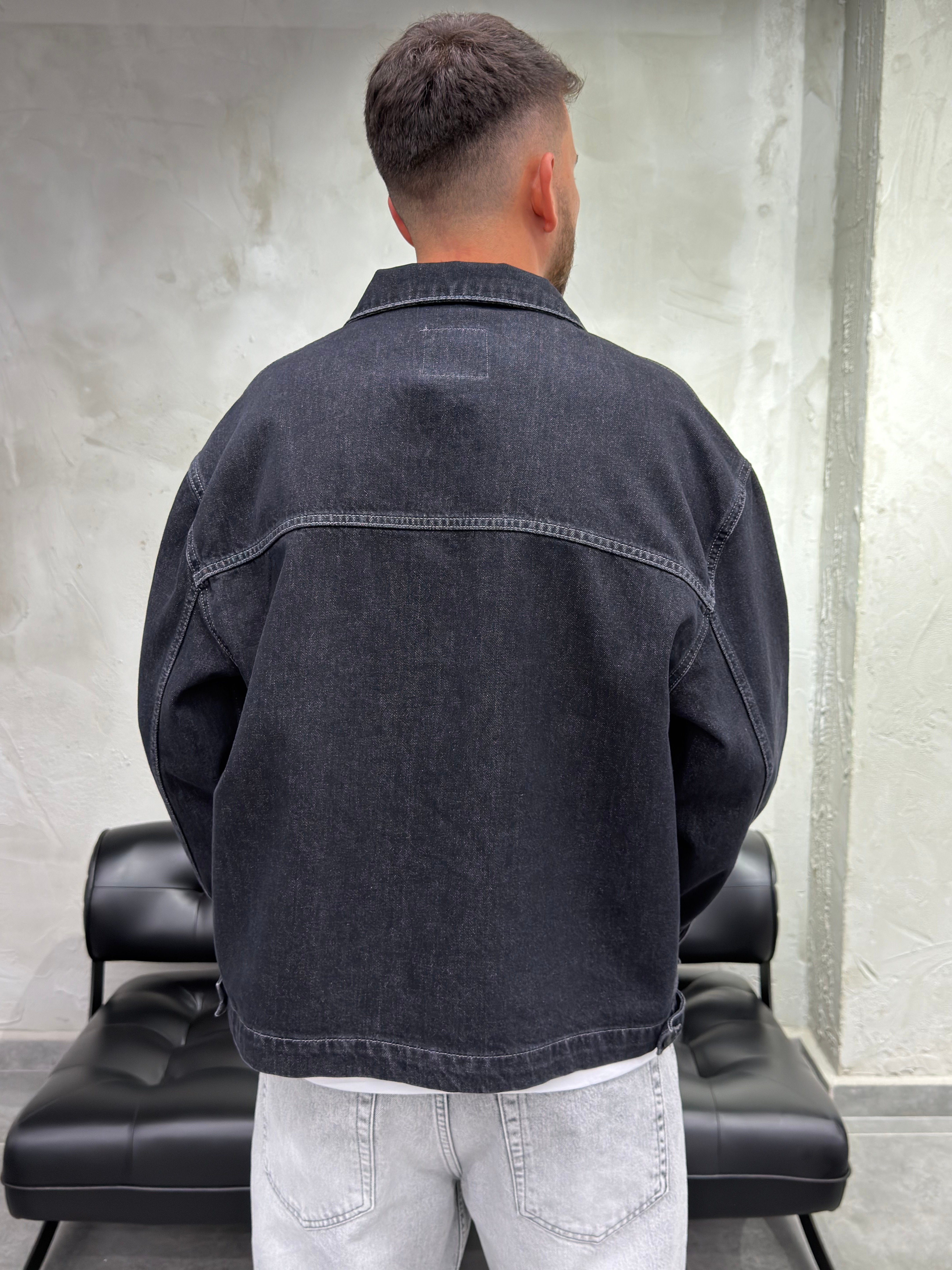 Düğmeli Mega Cep Siyah Denim Ceket