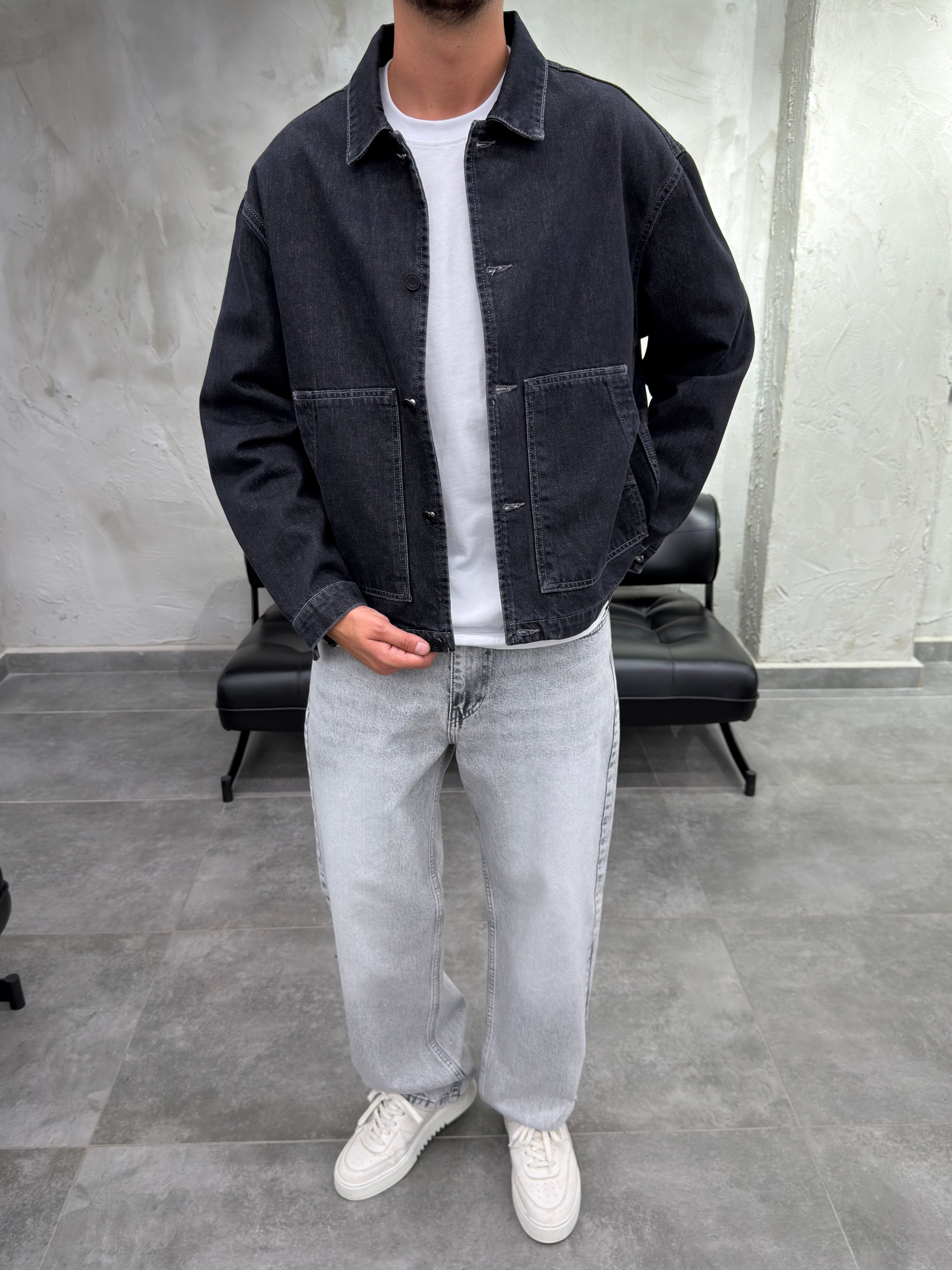 Düğmeli Mega Cep Siyah Denim Ceket