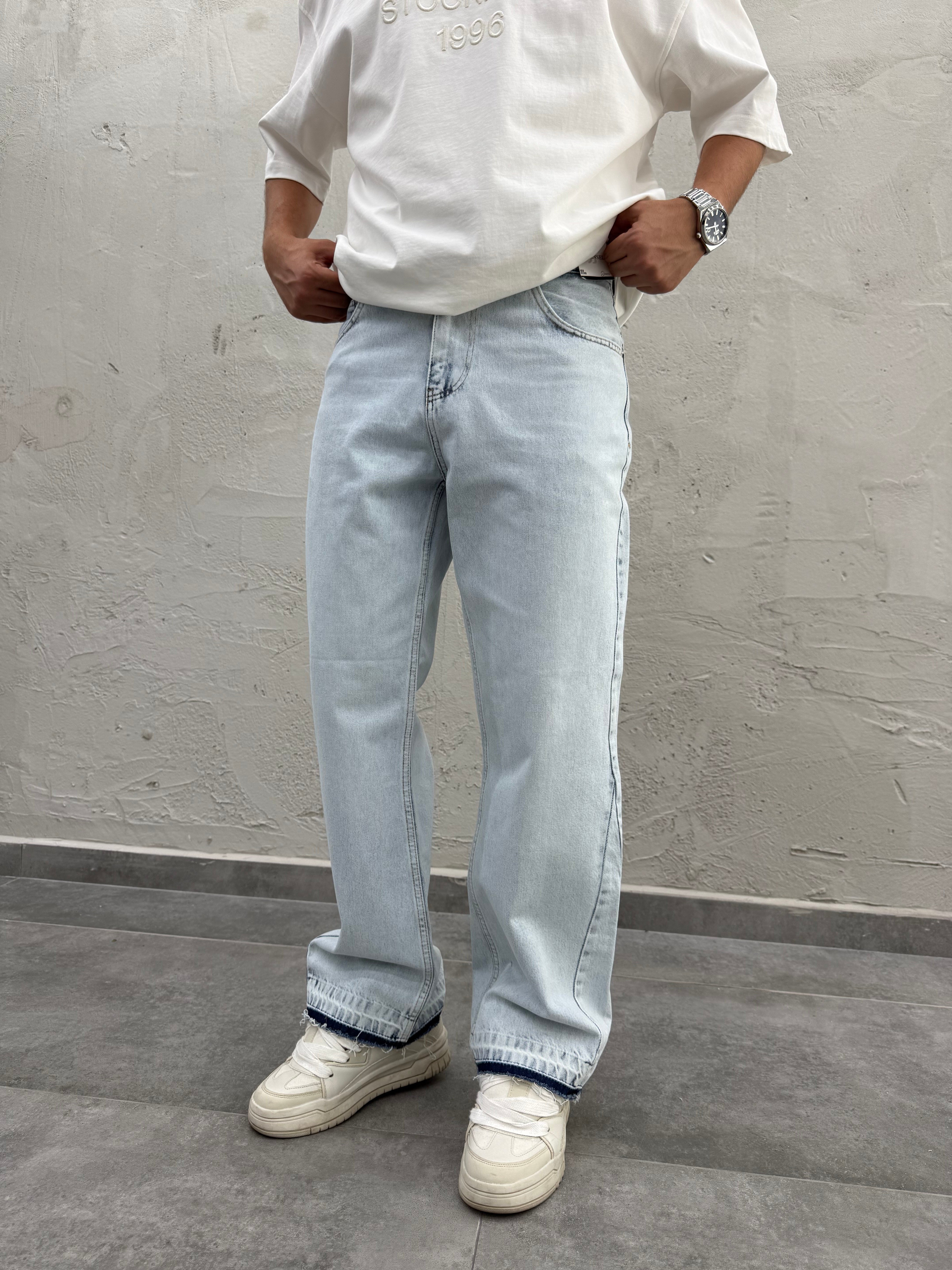 Efektli Yıkamalı Buz Mavi Flared Fit Jean