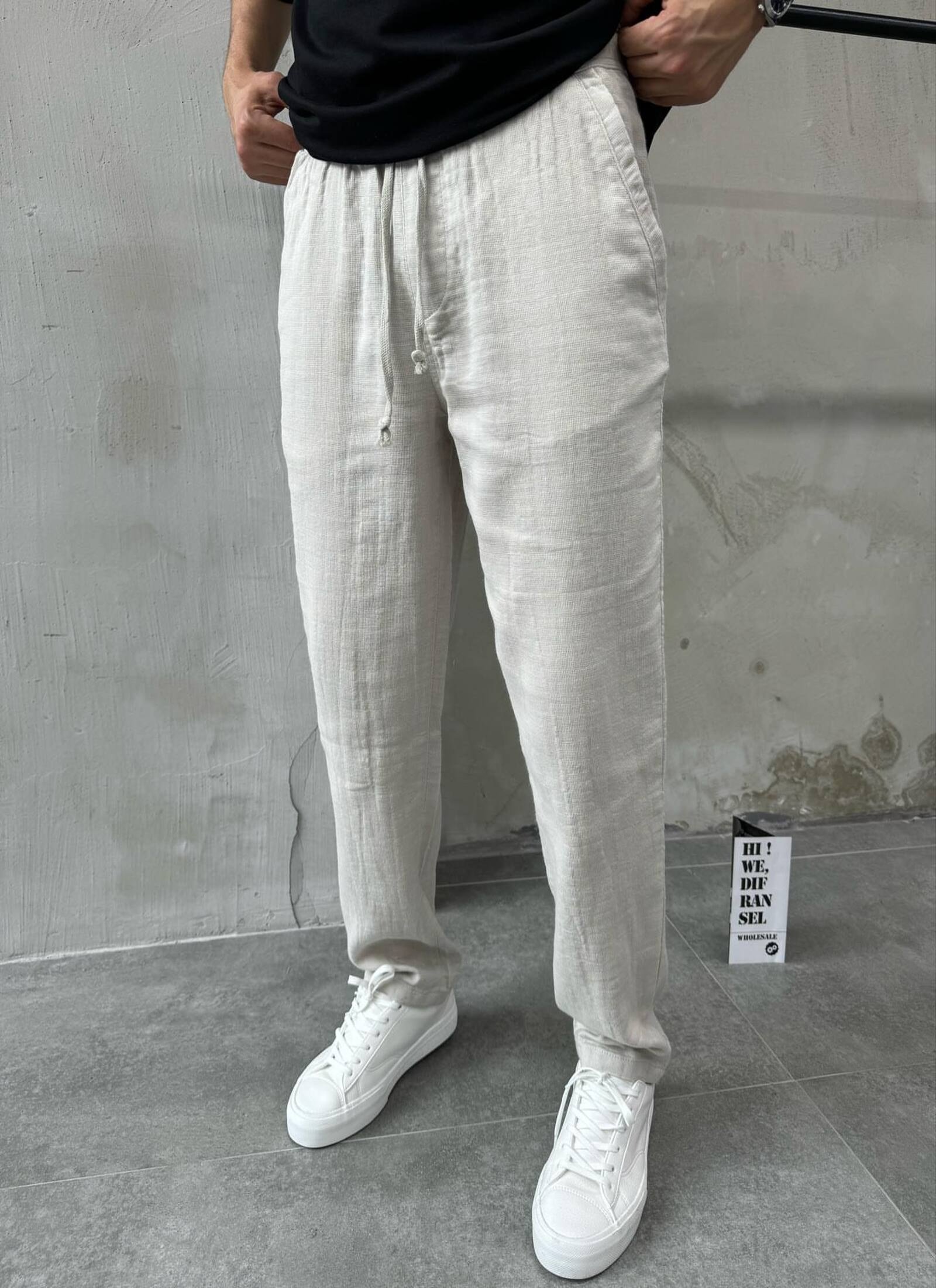 Erkek Relaxed Bej Keten Pantolon