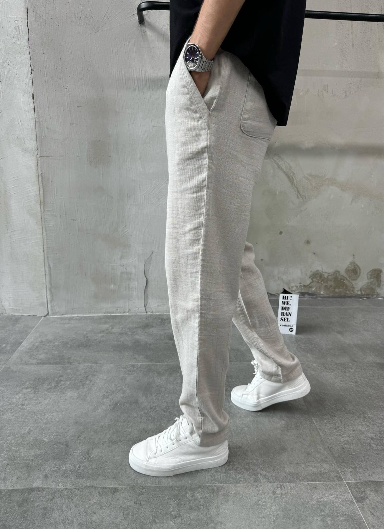 Erkek Relaxed Bej Keten Pantolon