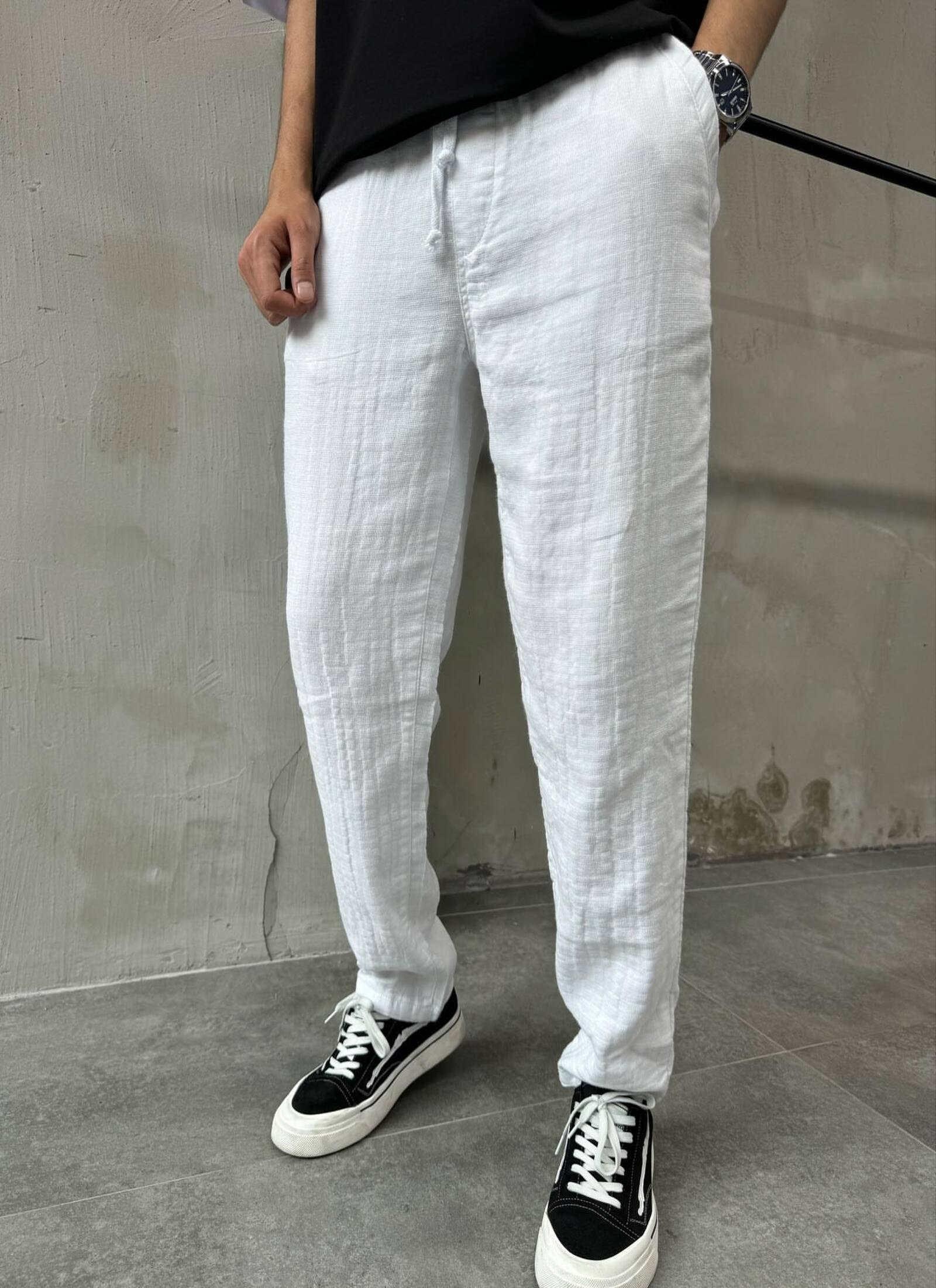 Erkek Relaxed Beyaz Keten Pantolon