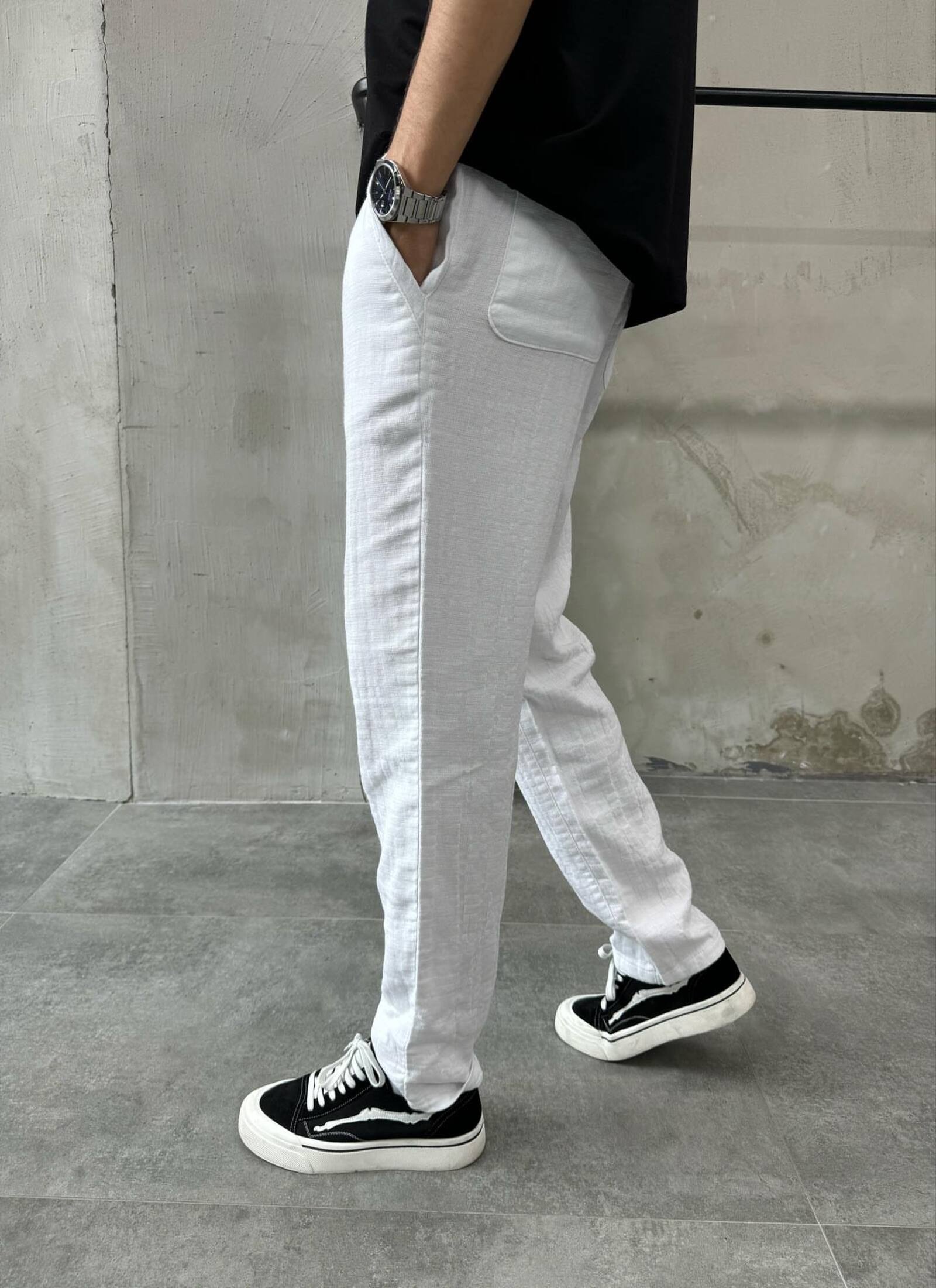Erkek Relaxed Beyaz Keten Pantolon