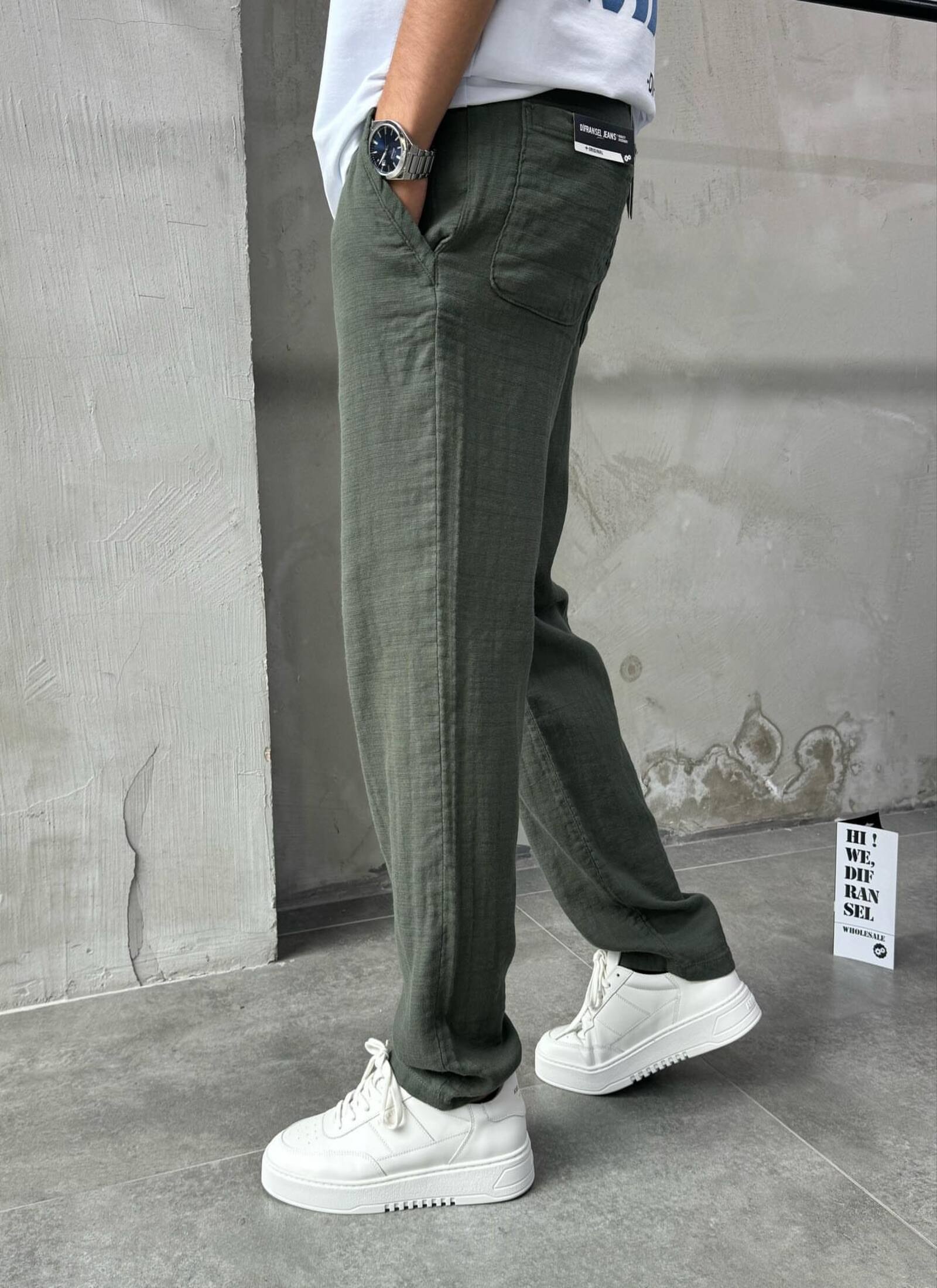 Erkek Relaxed Haki Keten Pantolon