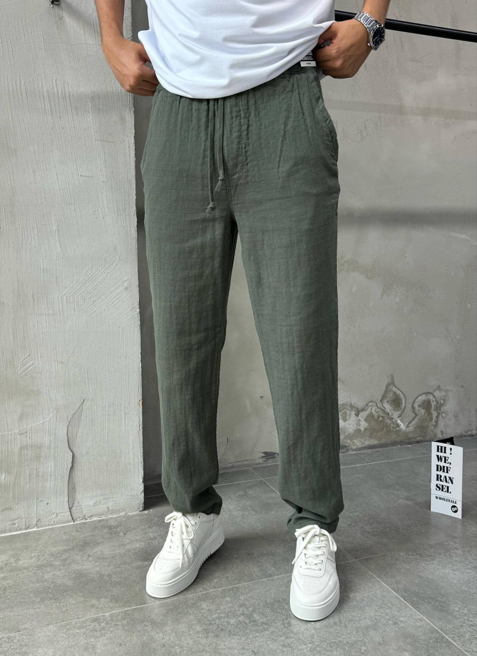 Erkek Relaxed Haki Keten Pantolon
