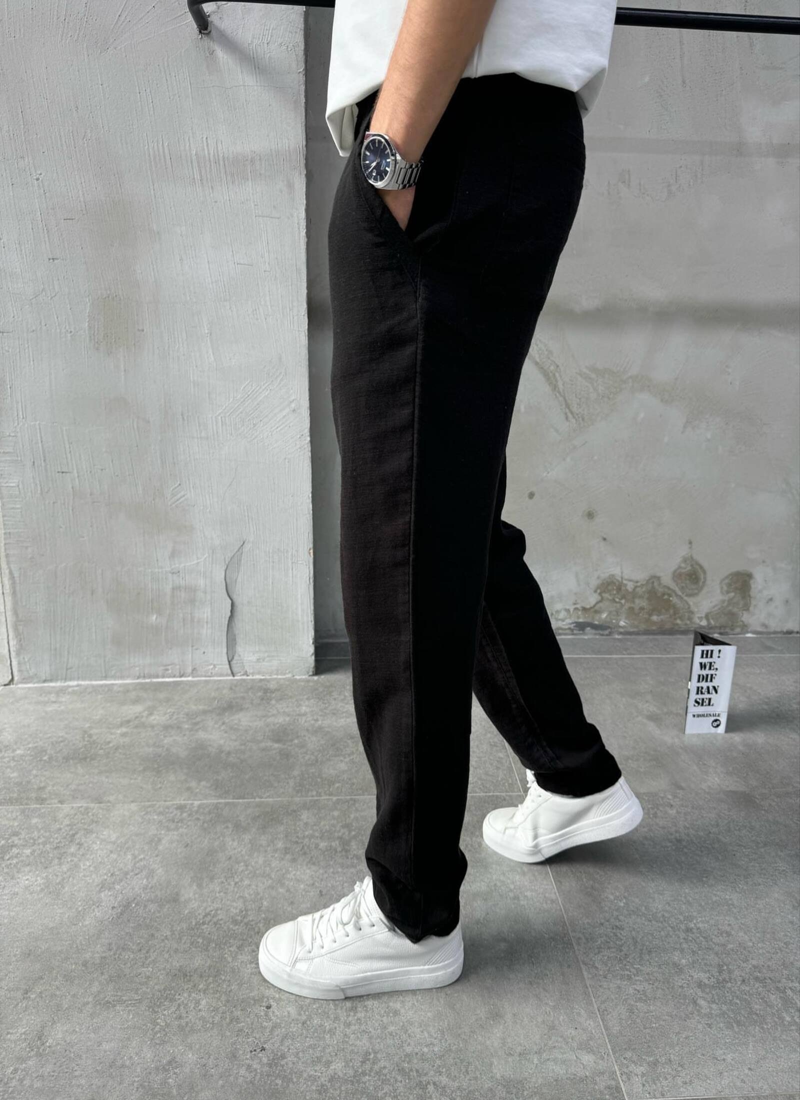 Erkek Relaxed Siyah Keten Pantolon