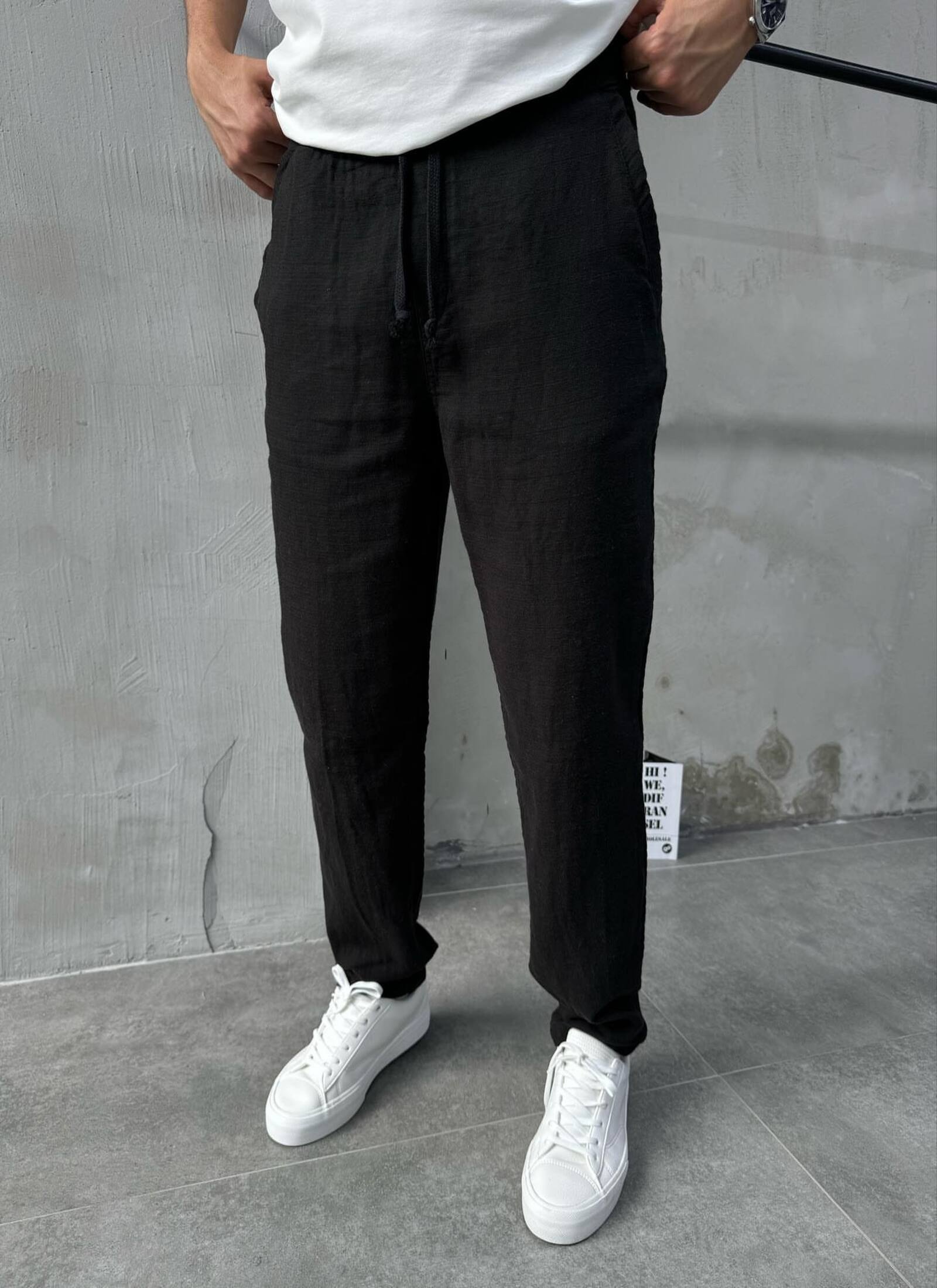 Erkek Relaxed Siyah Keten Pantolon