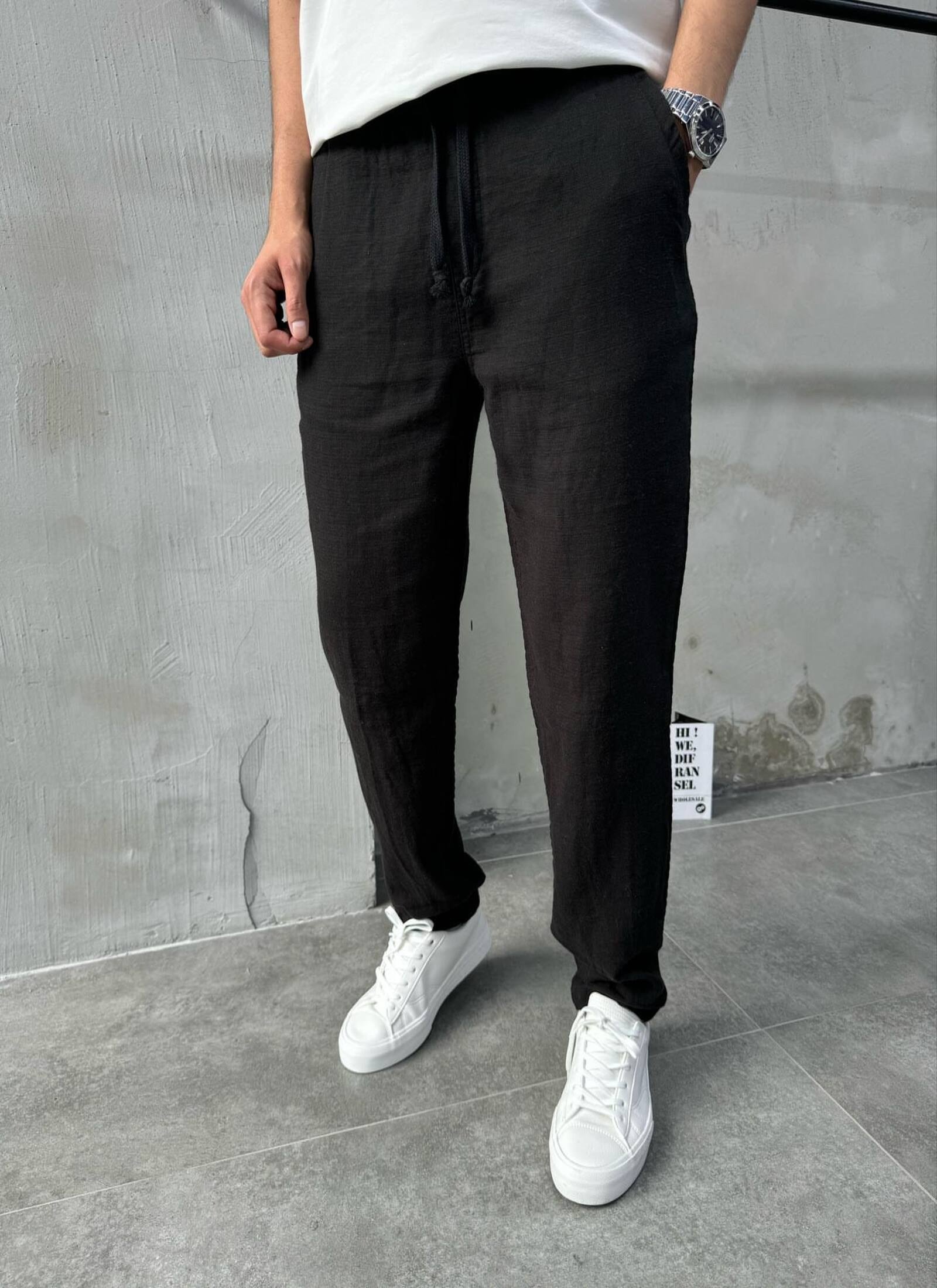 Erkek Relaxed Siyah Keten Pantolon