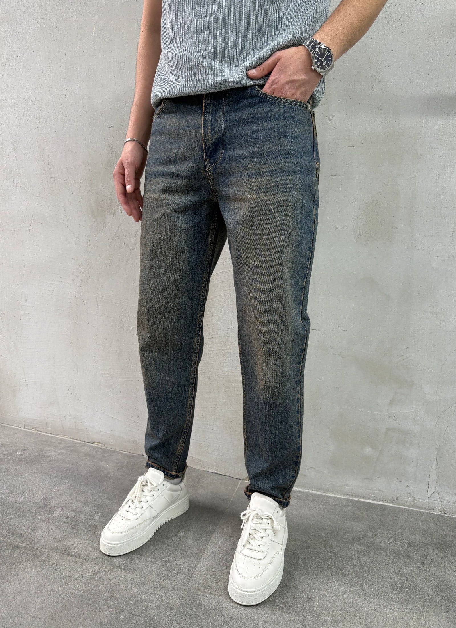 Eskitme Yeşil Rahat Kesim Boyfriend Jeans