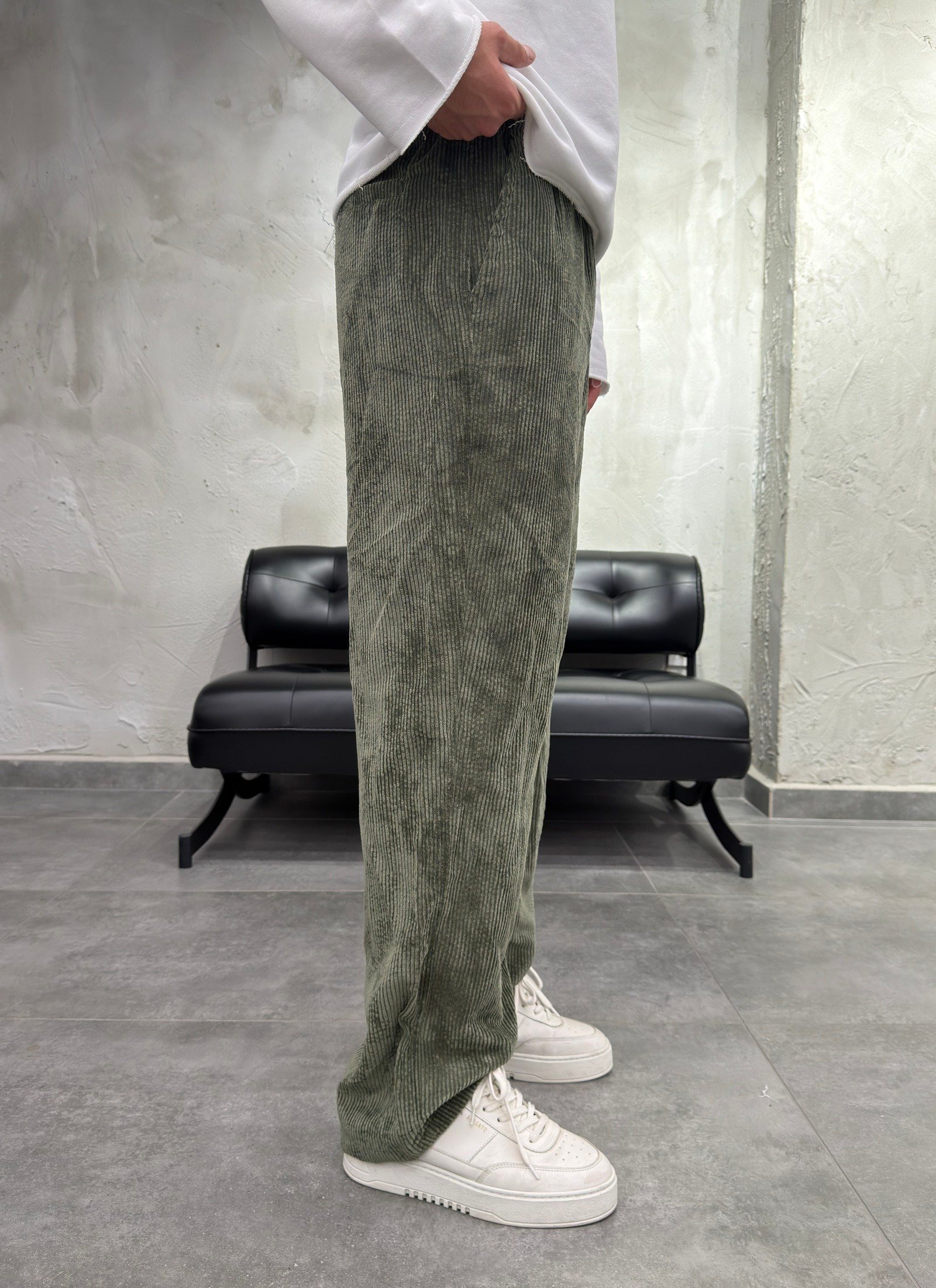 Fitilli Kadife Haki Baggy Pantolon