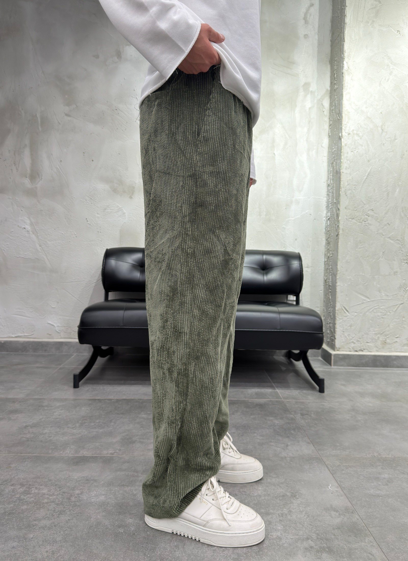 Fitilli Kadife Haki Baggy Pantolon