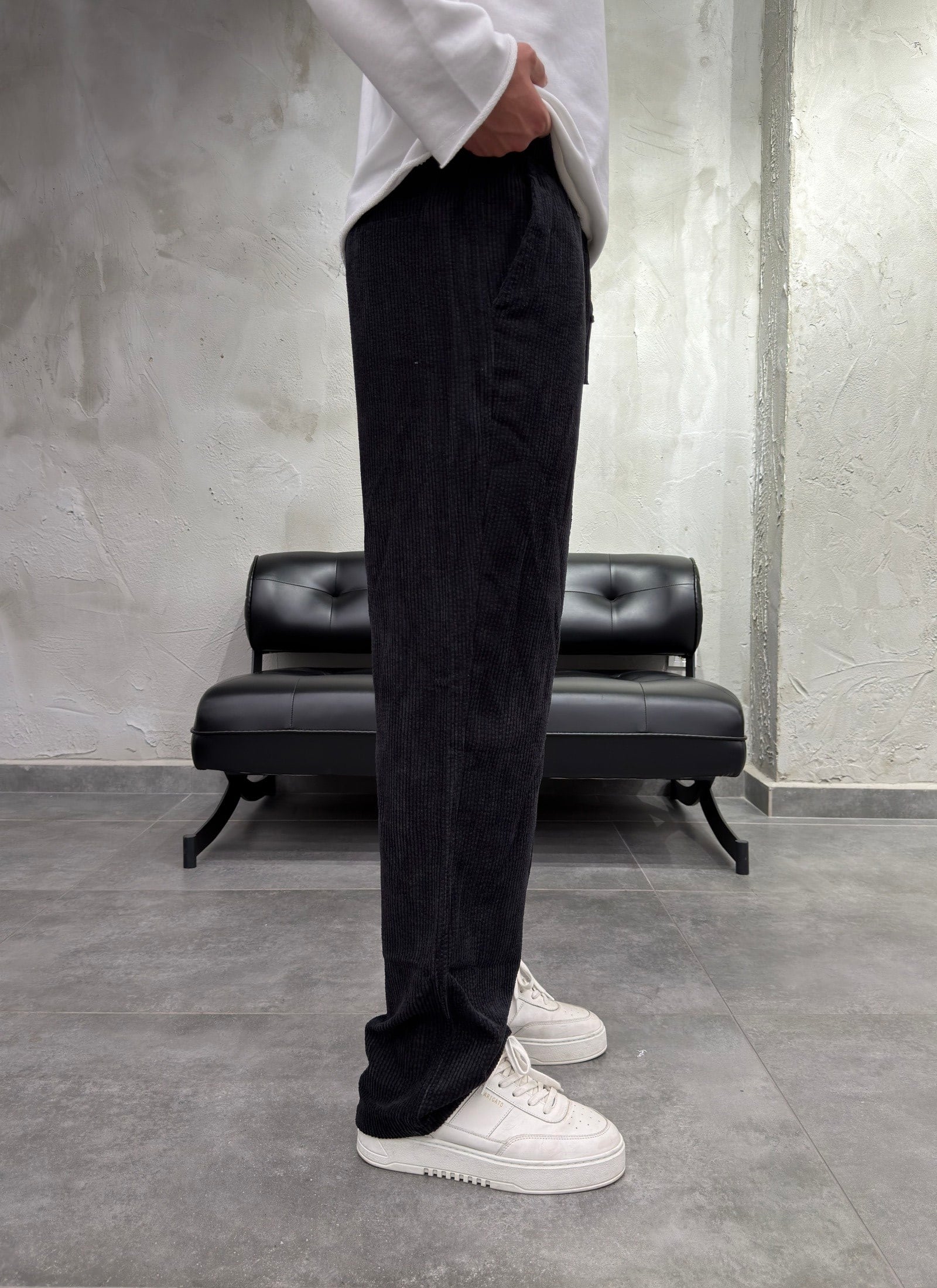 Fitilli Kadife Siyah Baggy Pantolon