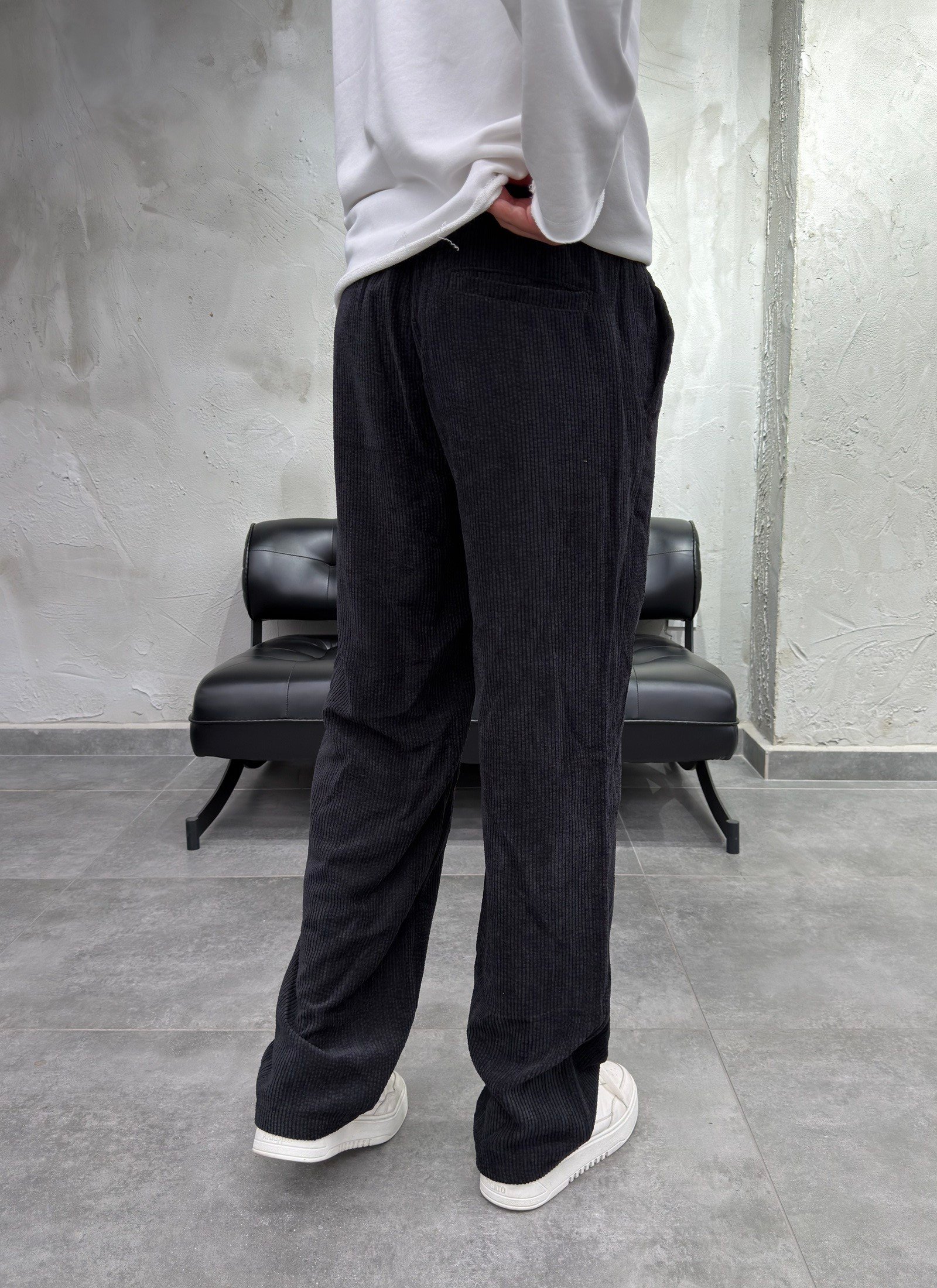 Fitilli Kadife Siyah Baggy Pantolon