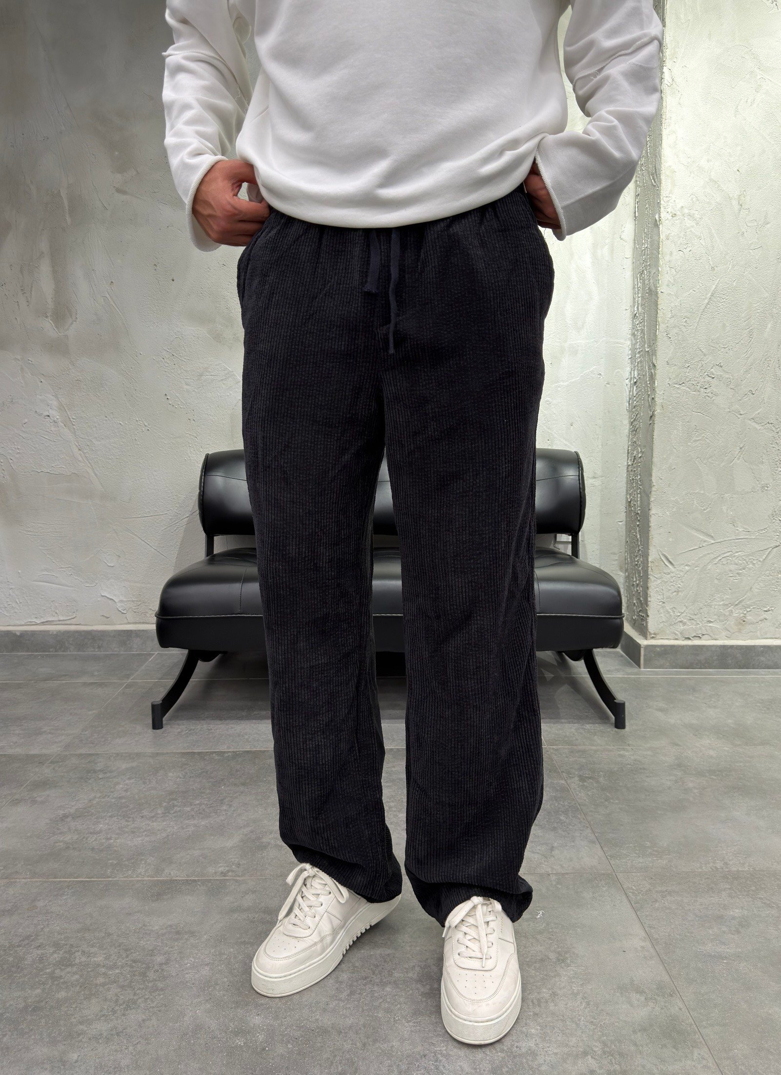 Fitilli Kadife Siyah Baggy Pantolon