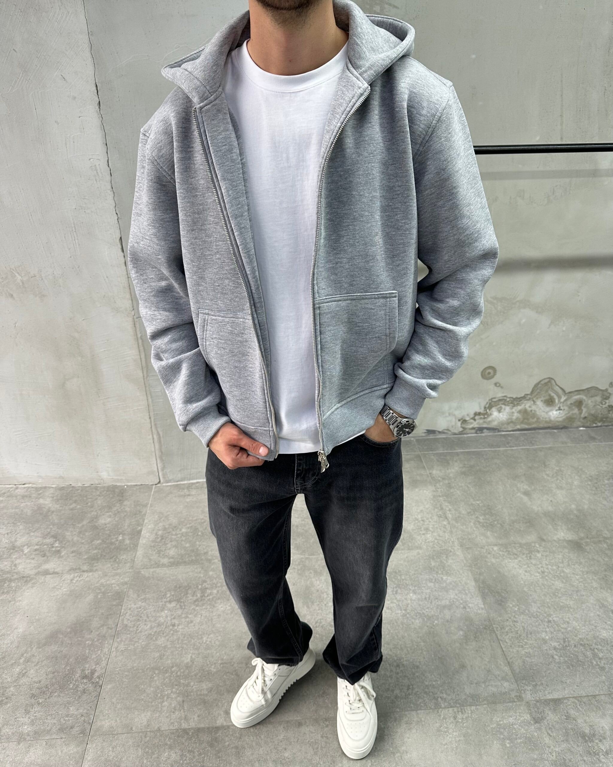 Kapüşonlu Basic Gri Sweatshirt