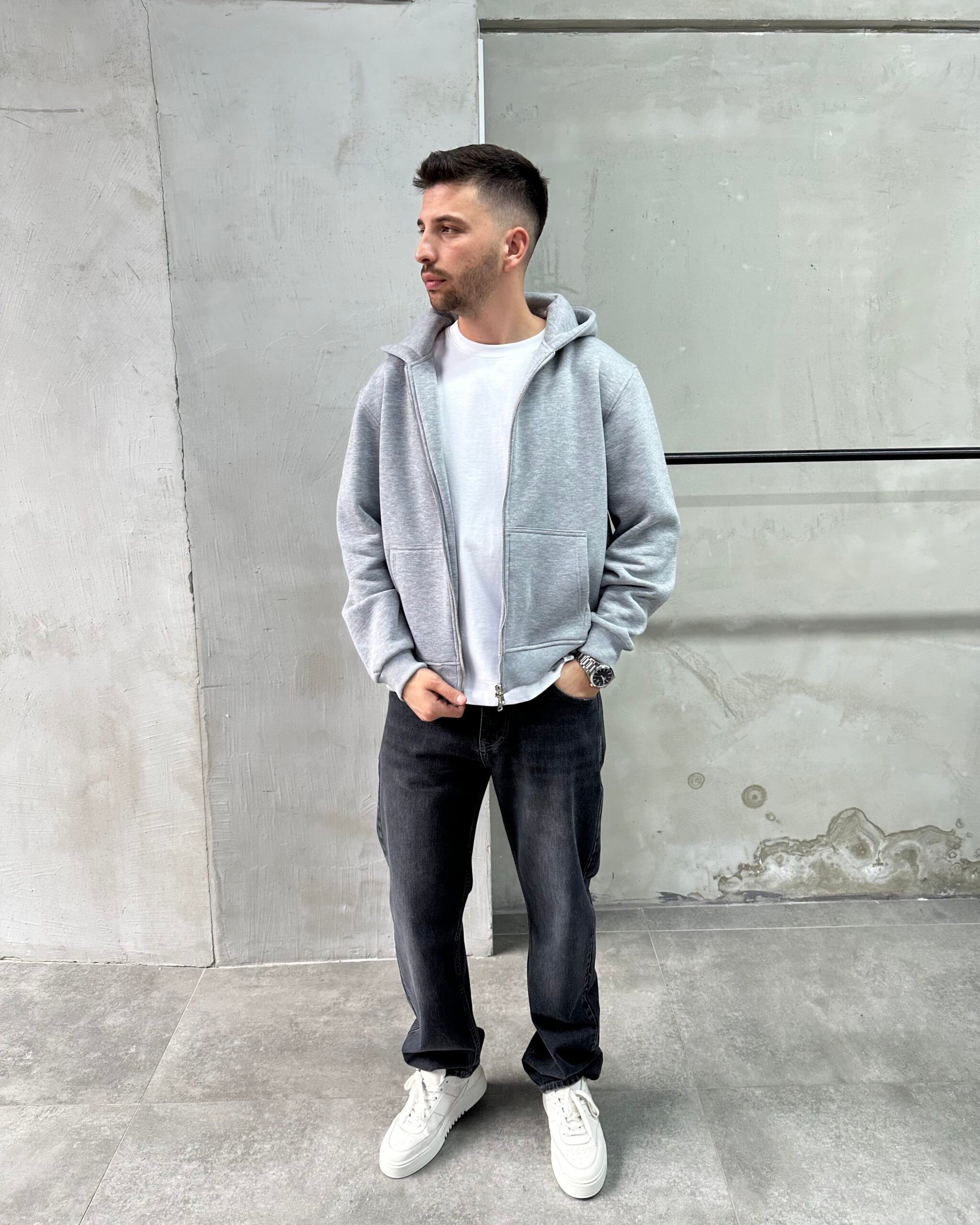 Kapüşonlu Basic Gri Sweatshirt