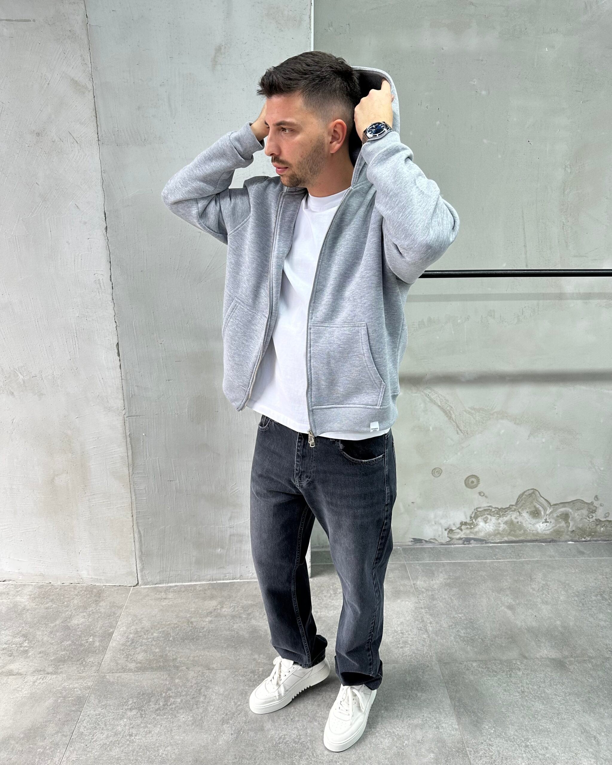 Kapüşonlu Basic Gri Sweatshirt