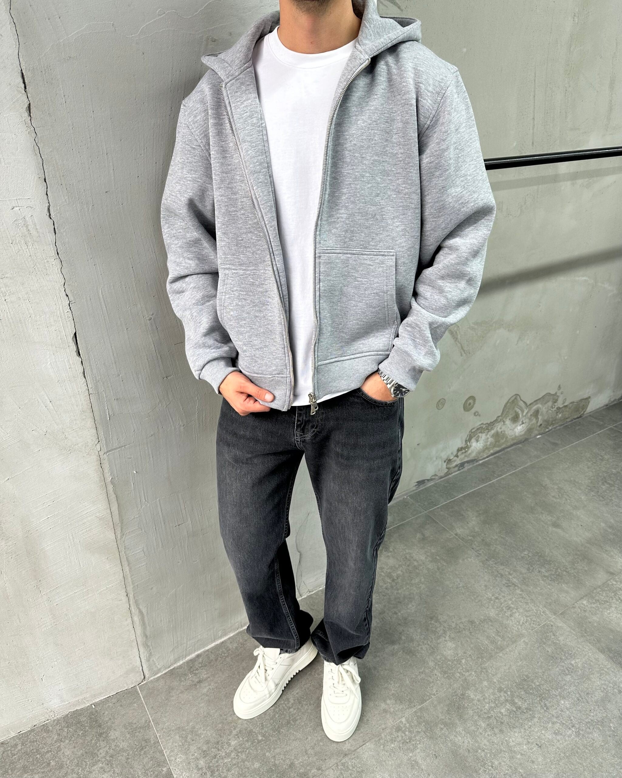 Kapüşonlu Basic Gri Sweatshirt