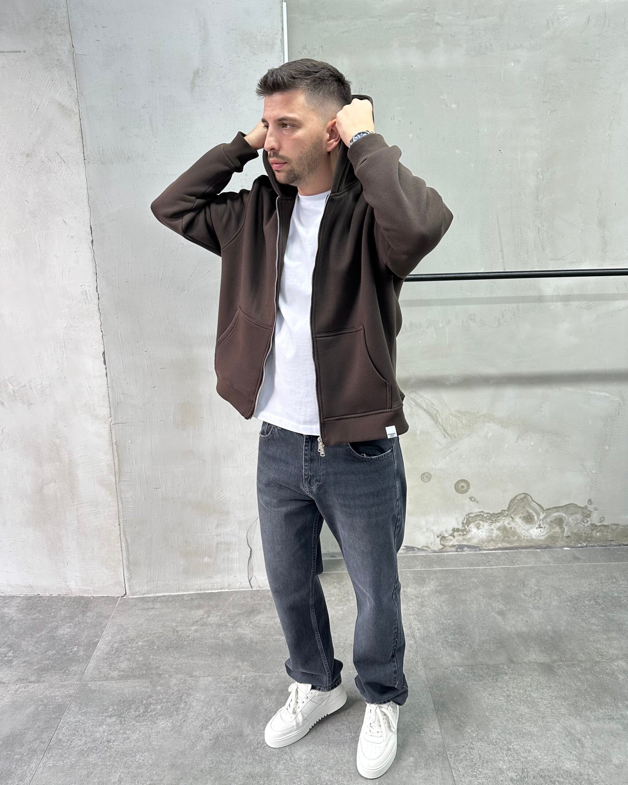 Kapüşonlu Basic Kahve Sweatshirt