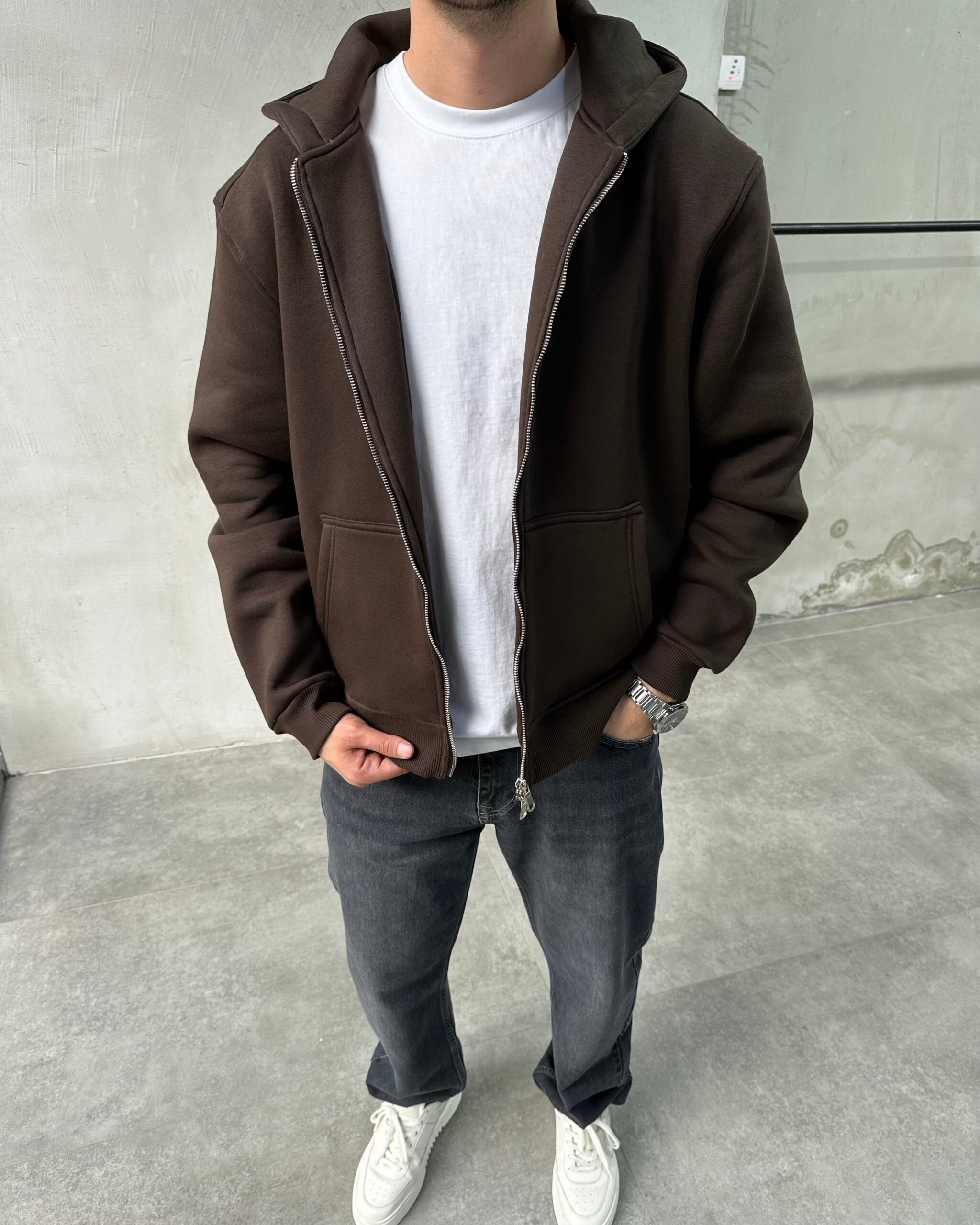 Kapüşonlu Basic Kahve Sweatshirt