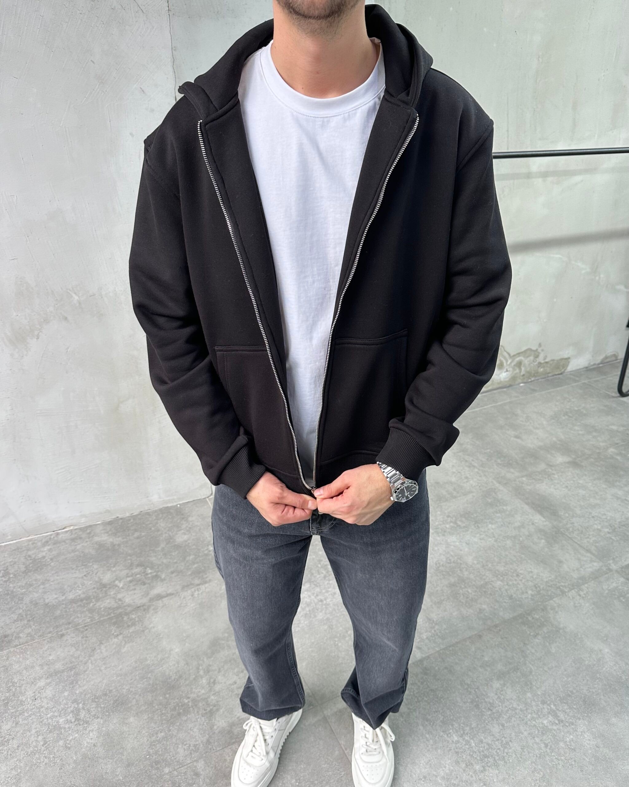 Kapüşonlu Basic Siyah Sweatshirt