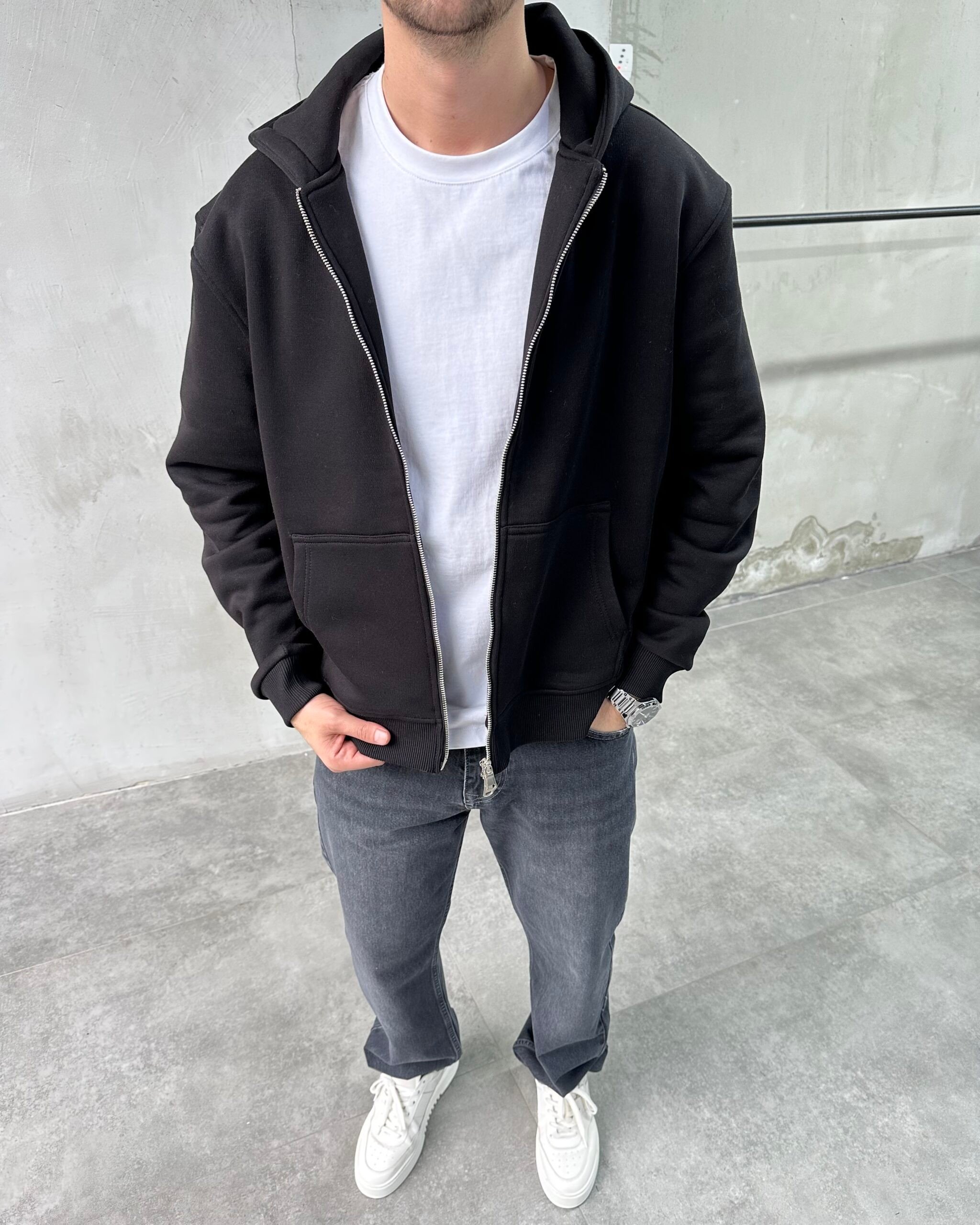 Kapüşonlu Basic Siyah Sweatshirt