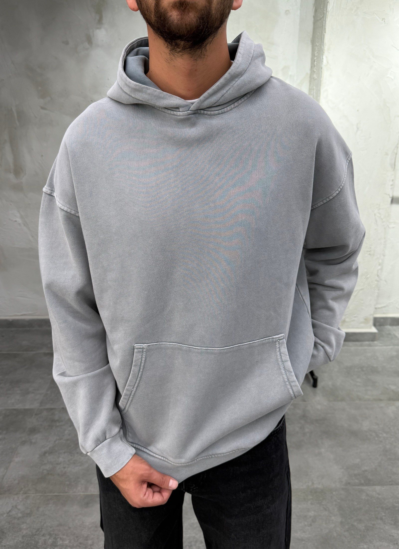 Kapüşonlu Kanguru Cep Yıkama Detay Açık Gri Sweatshirt