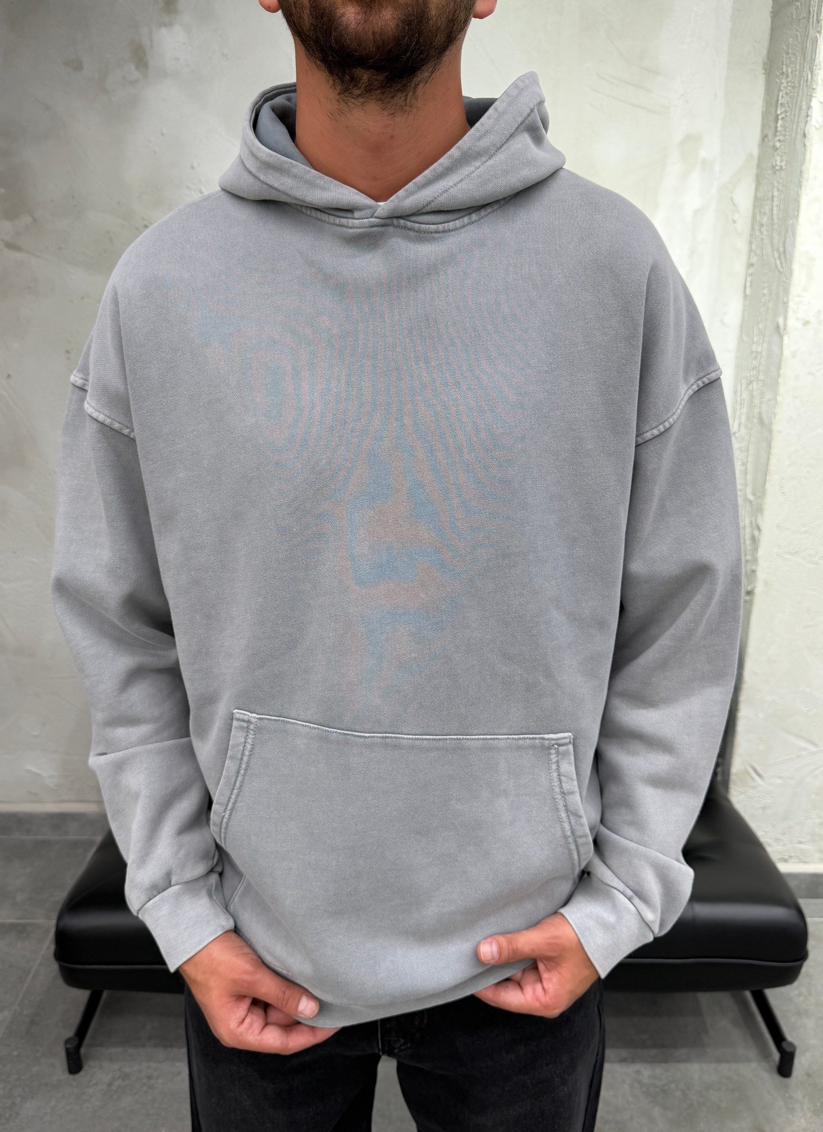 Kapüşonlu Kanguru Cep Yıkama Detay Açık Gri Sweatshirt