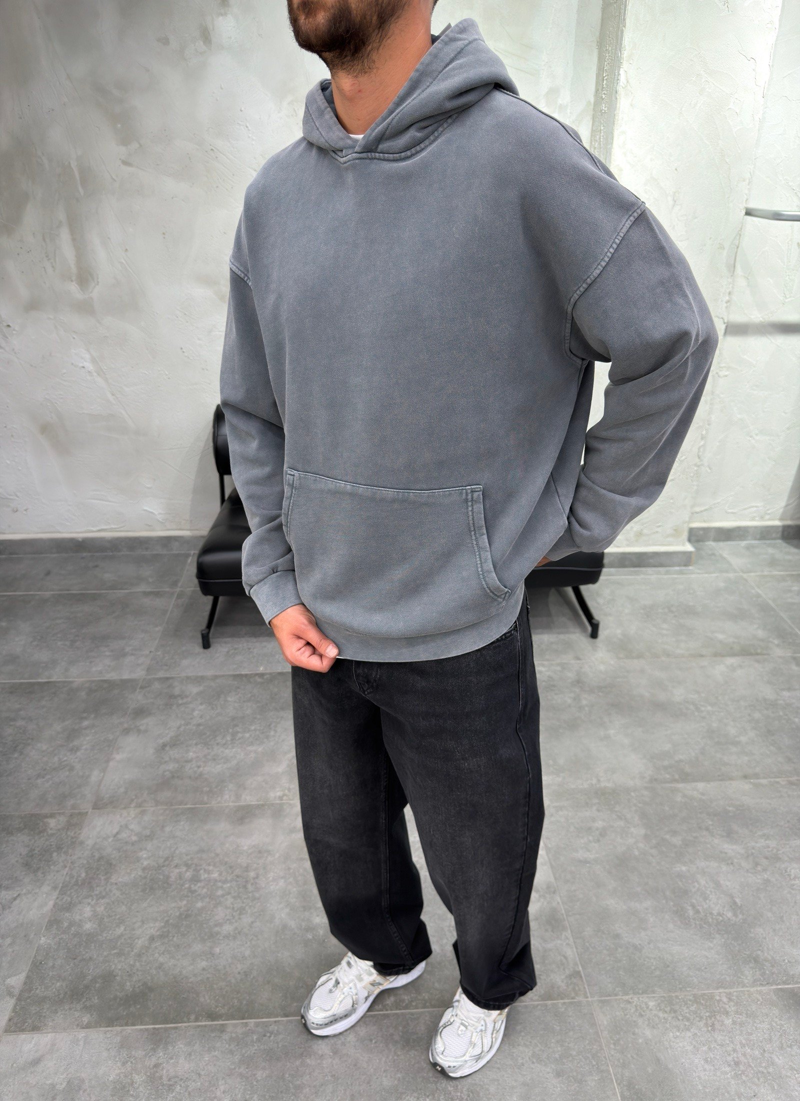 Kapüşonlu Kanguru Cep Yıkama Detay Antrasit Sweatshirt