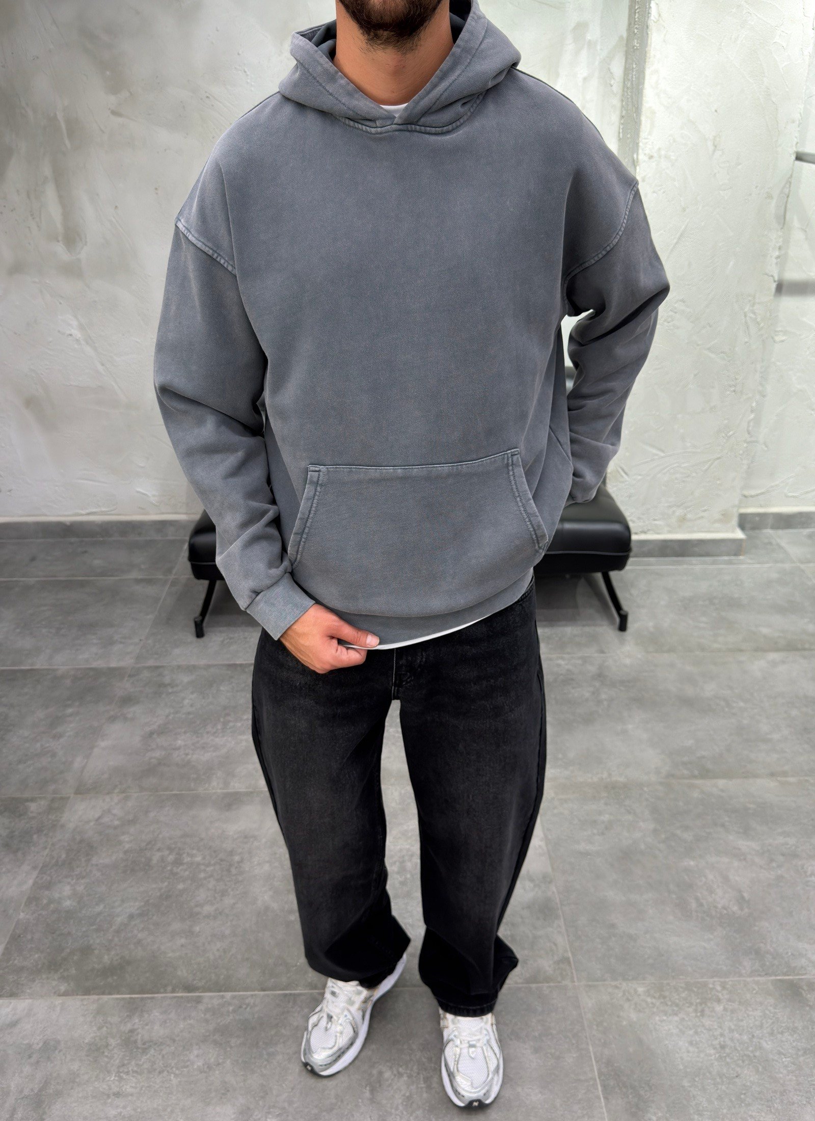 Kapüşonlu Kanguru Cep Yıkama Detay Antrasit Sweatshirt
