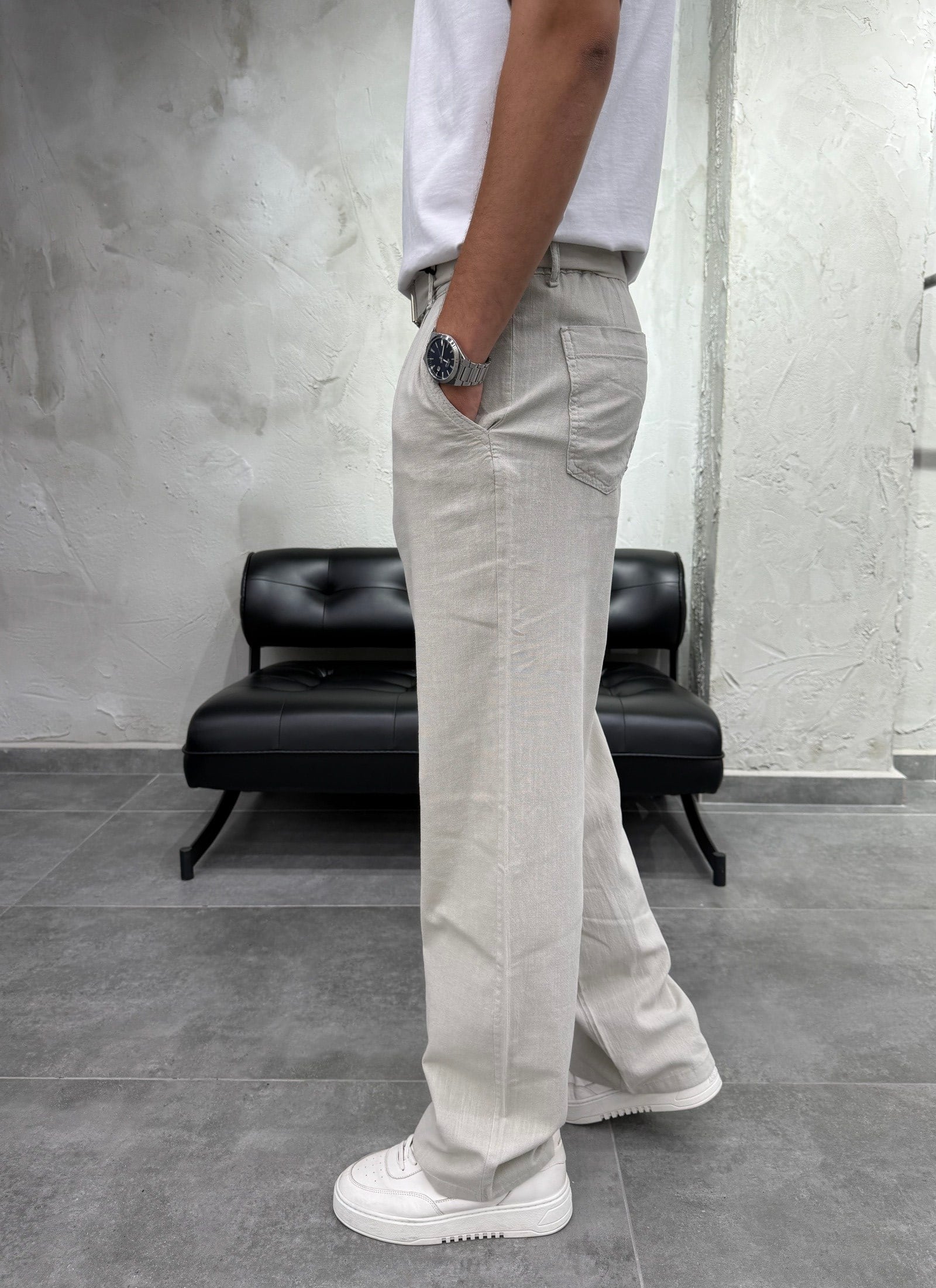 Kemer Detaylı Keten Baggy Bej Pantolon