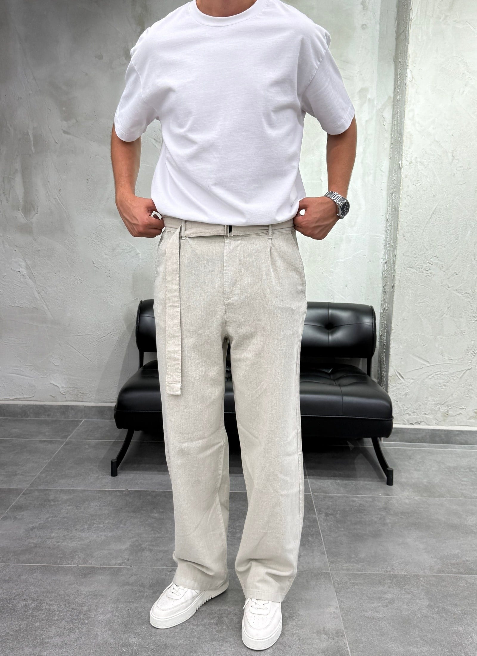 Kemer Detaylı Keten Baggy Bej Pantolon
