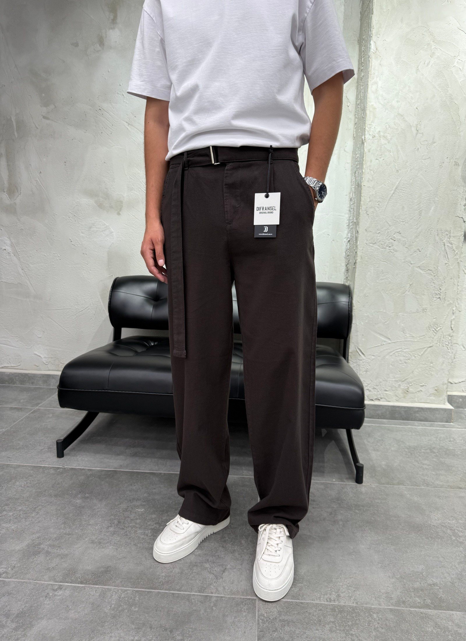 Kemer Detaylı Keten Baggy Kahve Pantolon