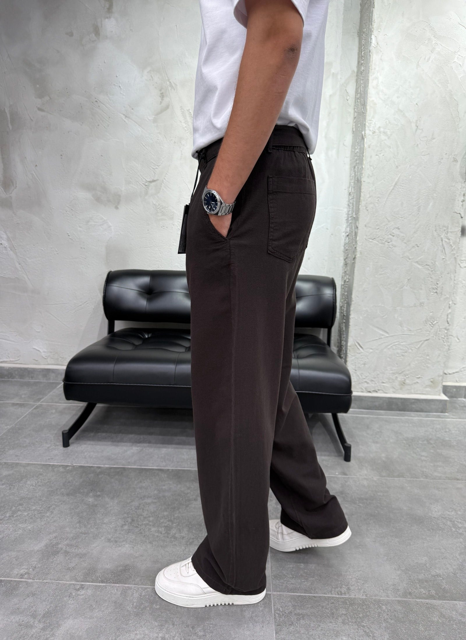 Kemer Detaylı Keten Baggy Kahve Pantolon