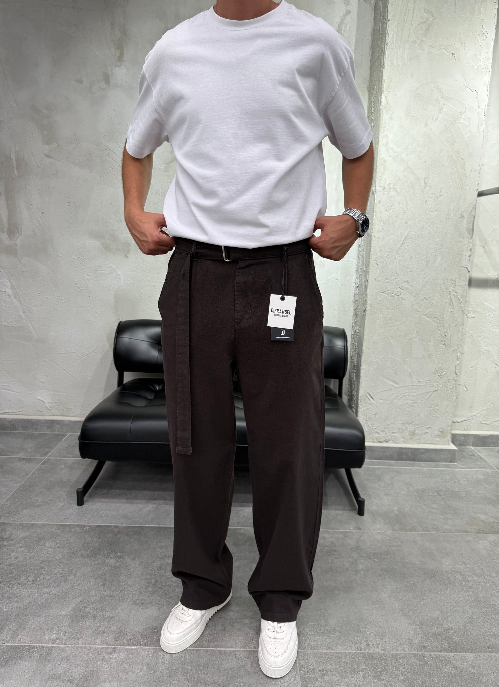 Kemer Detaylı Keten Baggy Kahve Pantolon
