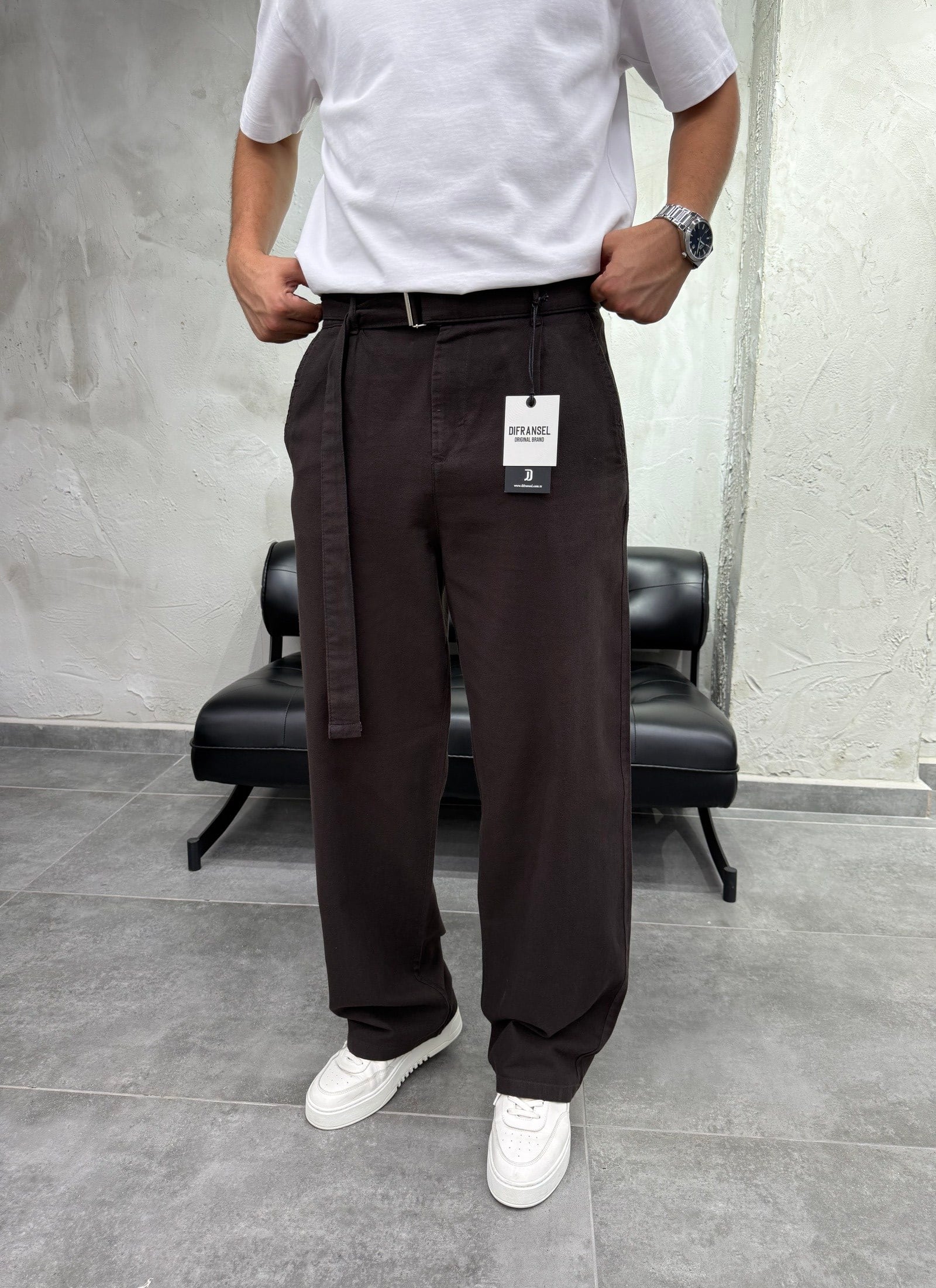 Kemer Detaylı Keten Baggy Kahve Pantolon