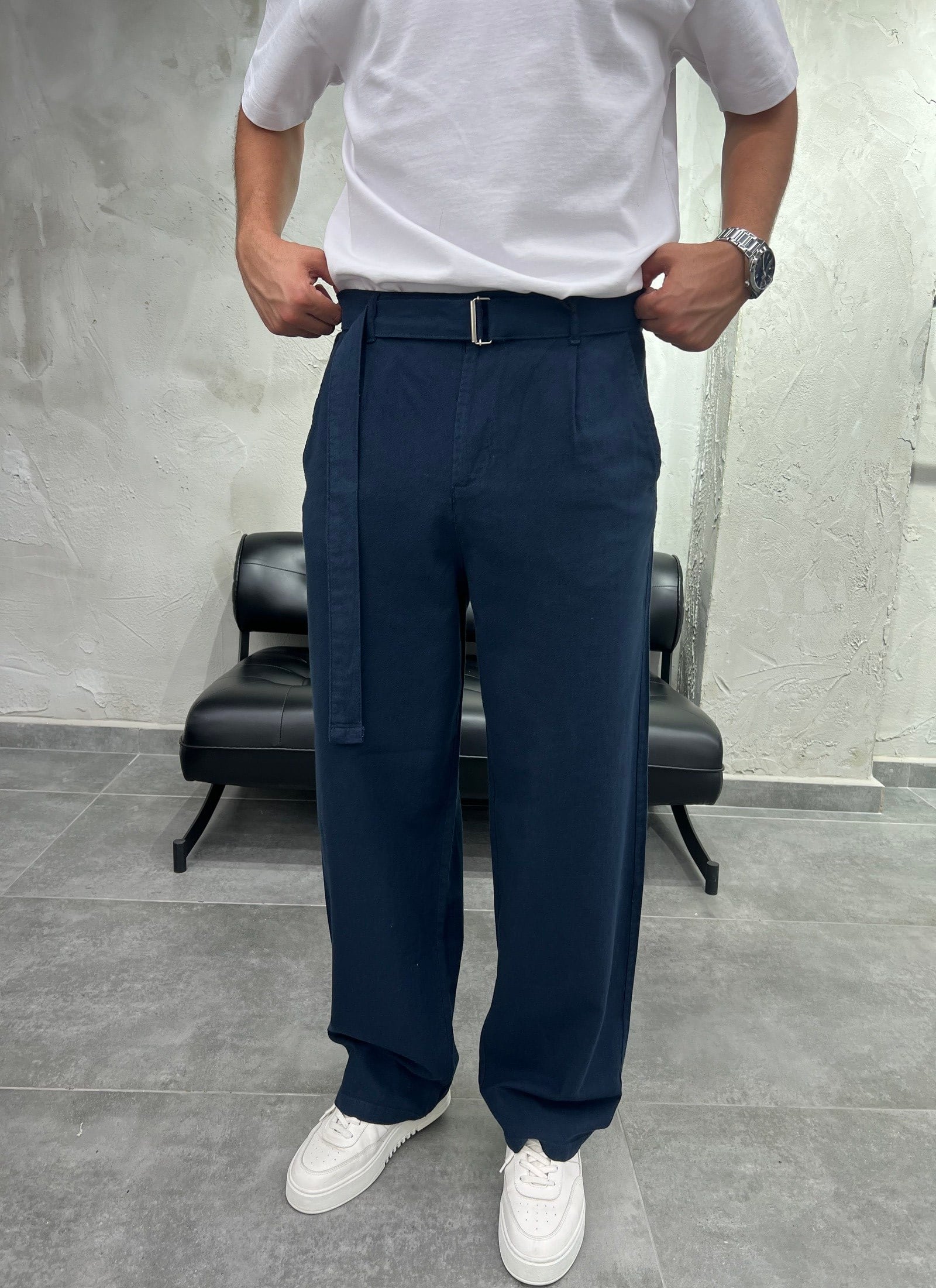 Kemer Detaylı Keten Baggy Lacivert Pantolon
