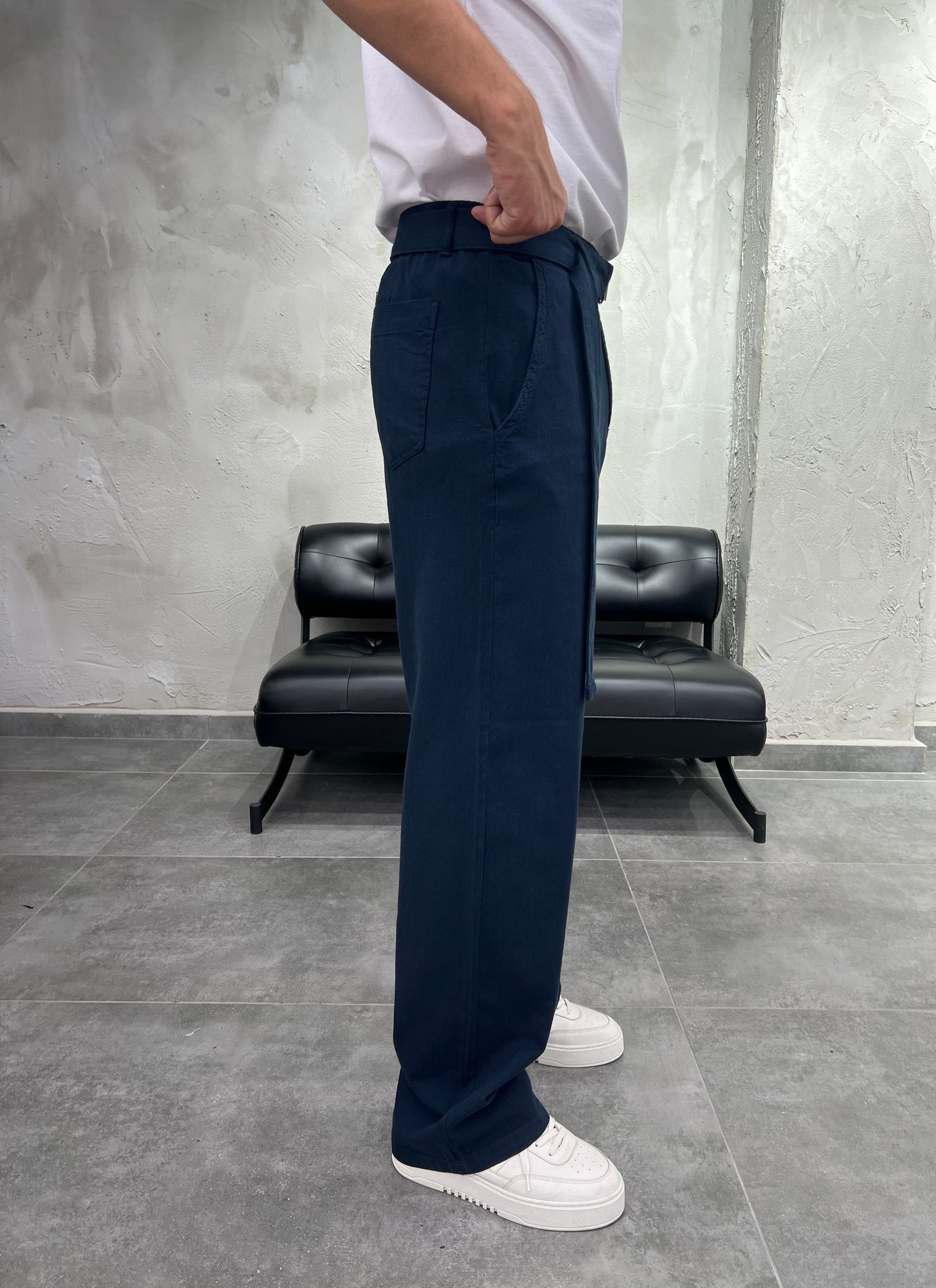 Kemer Detaylı Keten Baggy Lacivert Pantolon