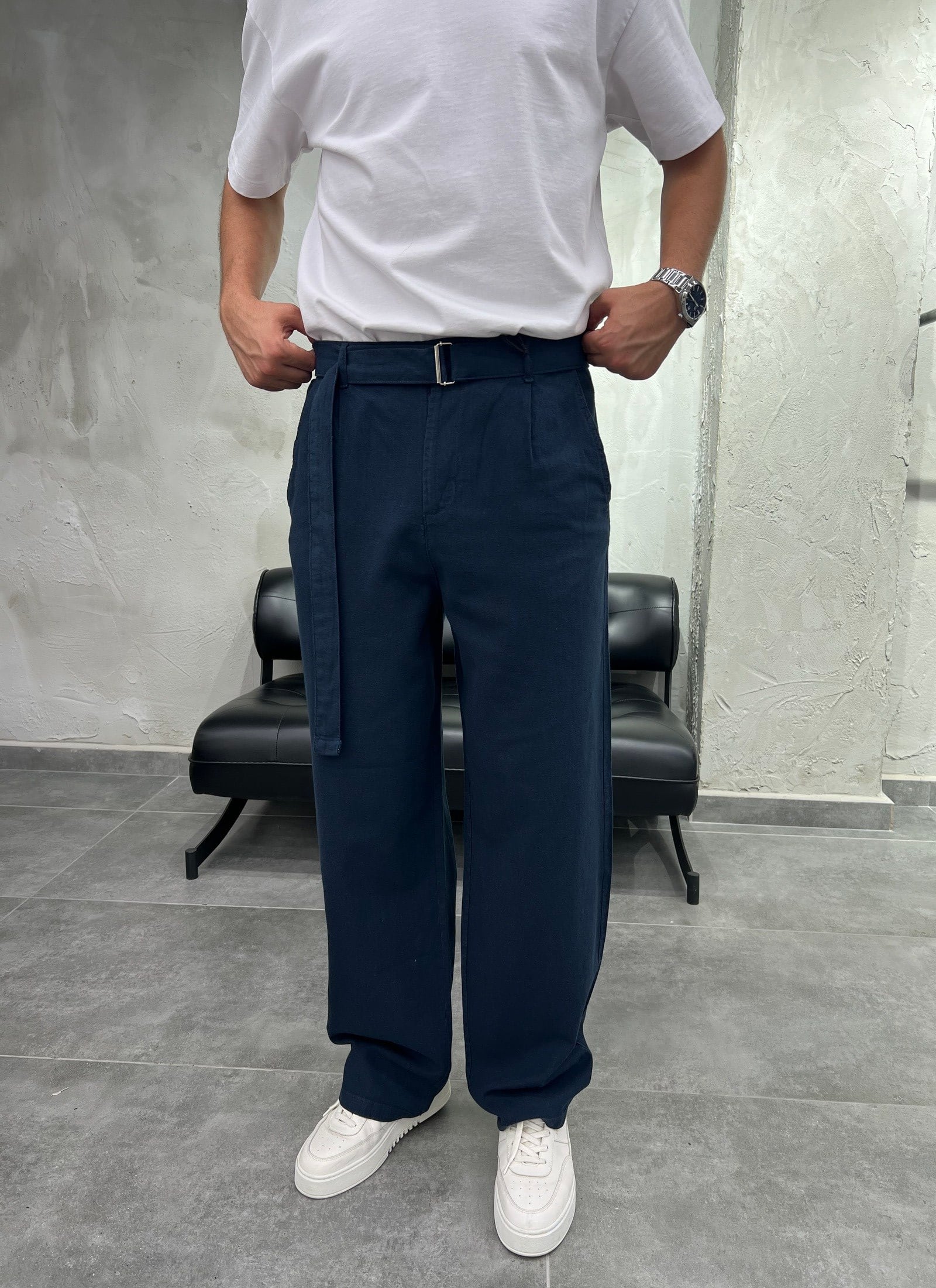 Kemer Detaylı Keten Baggy Lacivert Pantolon